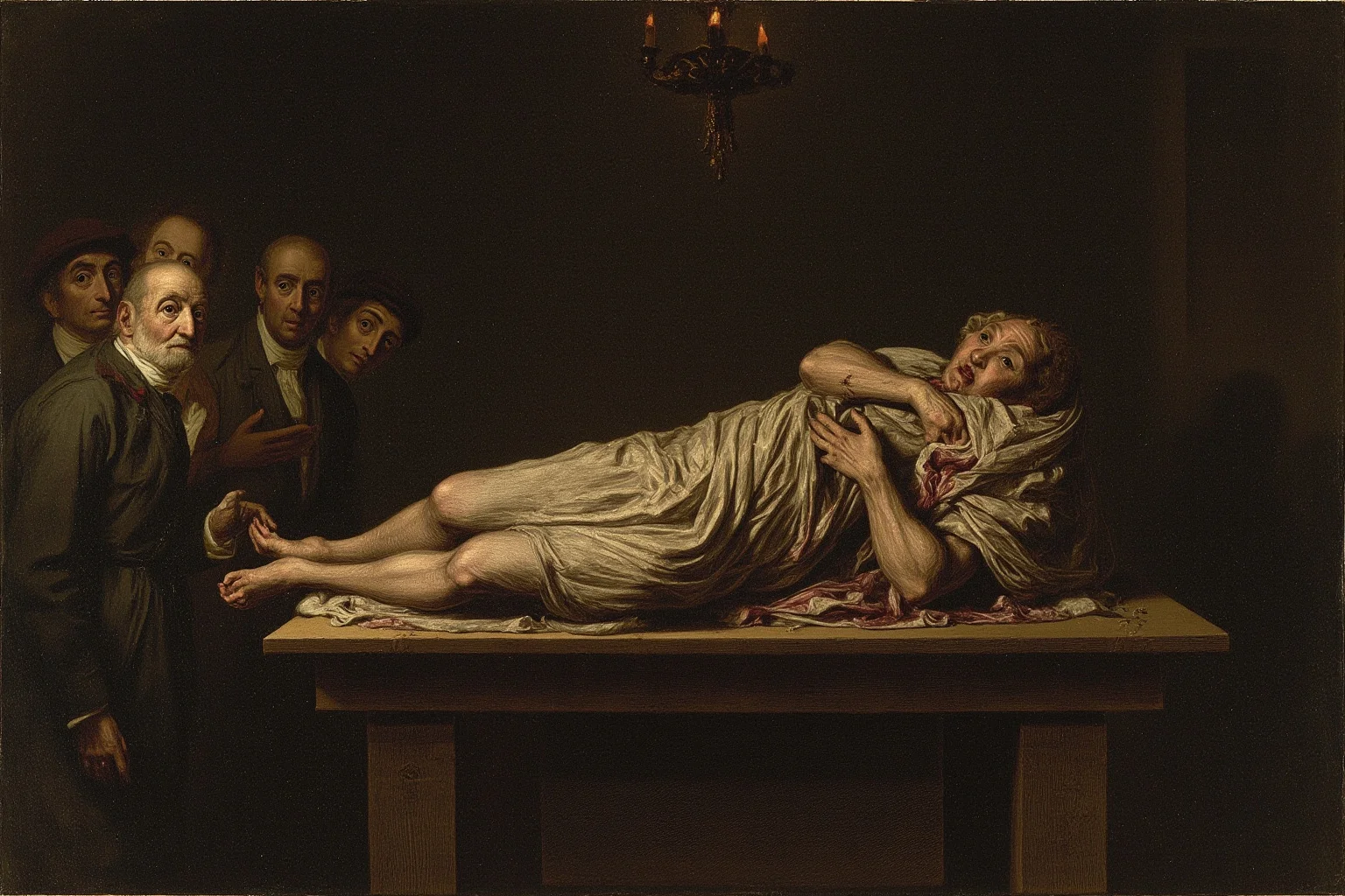 Executions Gone Horribly Wrong: 28 Botched Executions That Shocked History 11 Candlelit 18th-century anatomy theatre illustration with a shrouded figure stirring on a table, startled surgeons in the shadows, no gore.