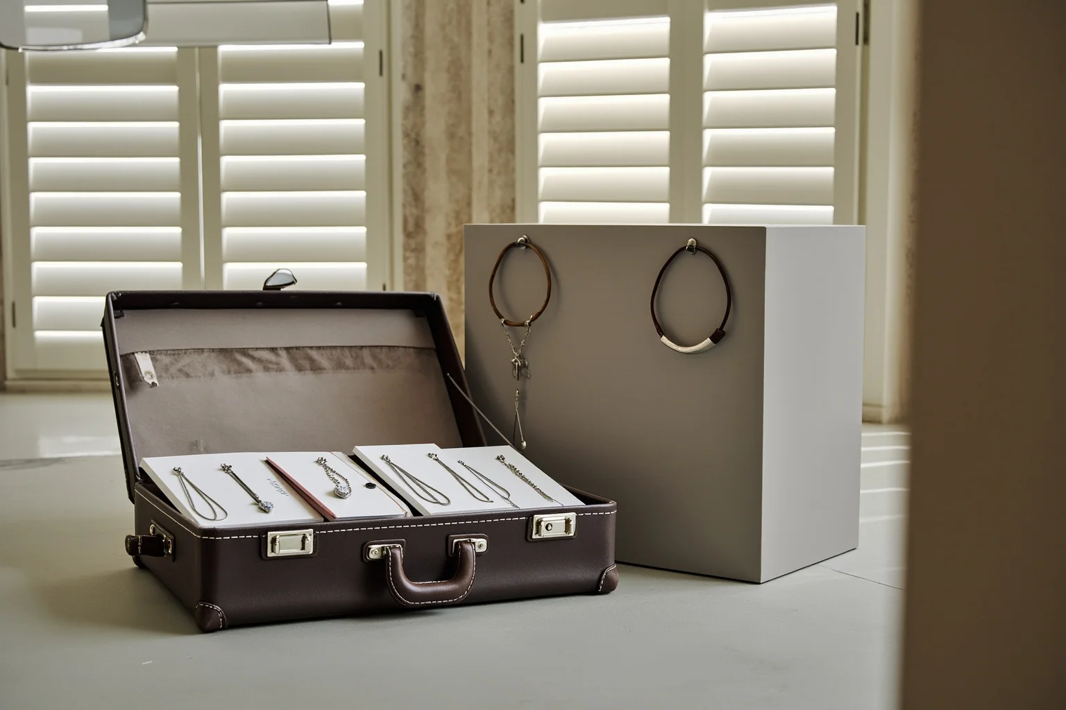 Cannes hotel jewellery exhibition room, an overturned suitcase of diamond necklaces and empty display plinths, French Riviera light through shutters.