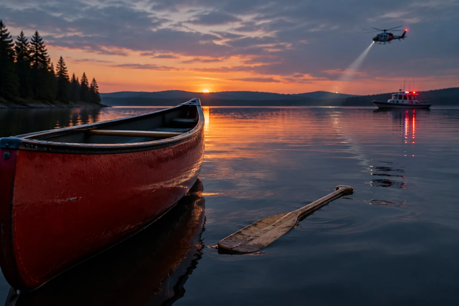 Canoe on a calm lake at dusk with an abandoned paddle, modern search-and-rescue atmosphere, no people