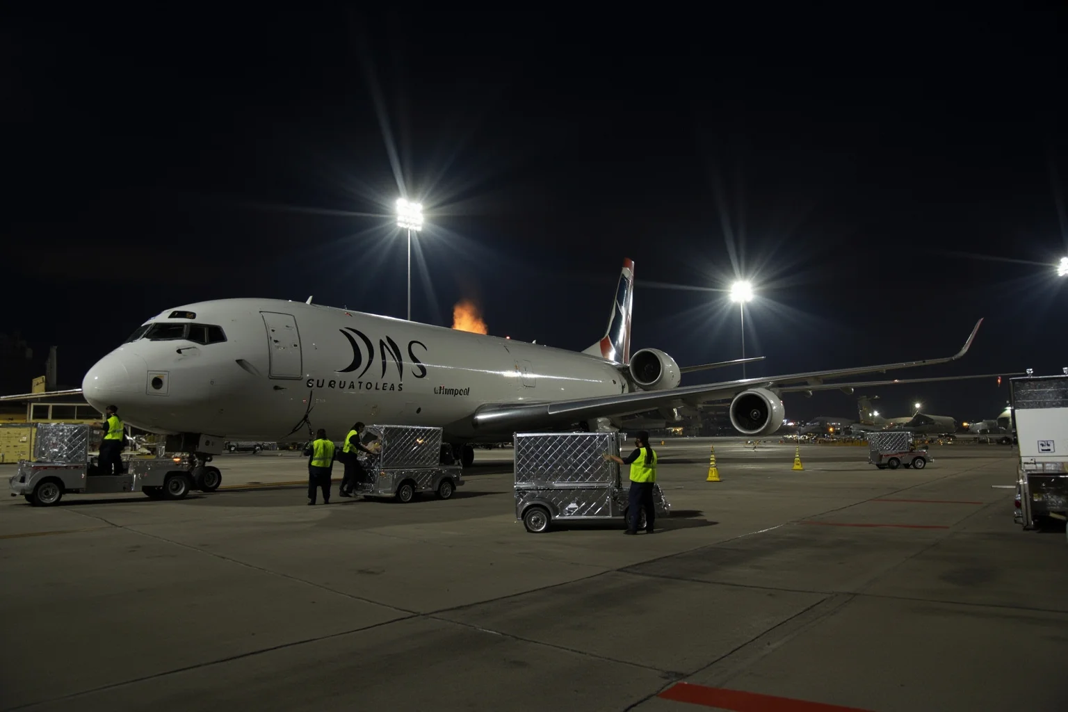 Cargo aircraft on an airport apron at night, ground crew in uniforms moving diamond cases, high-visibility vehicles, dramatic floodlights.