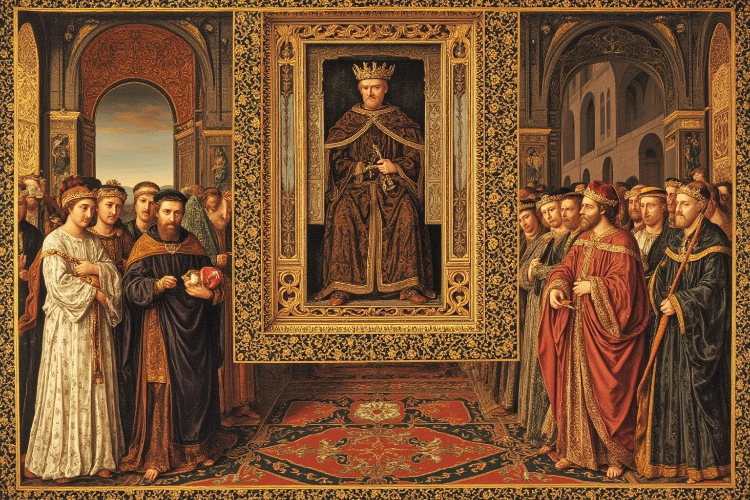Carolingian-era medieval European court with Charlemagne imagery and ancient manuscripts