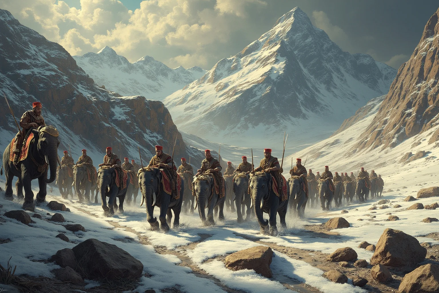 Carthaginian army crossing snowy mountain pass with elephants, dramatic alpine landscape, painterly historical style