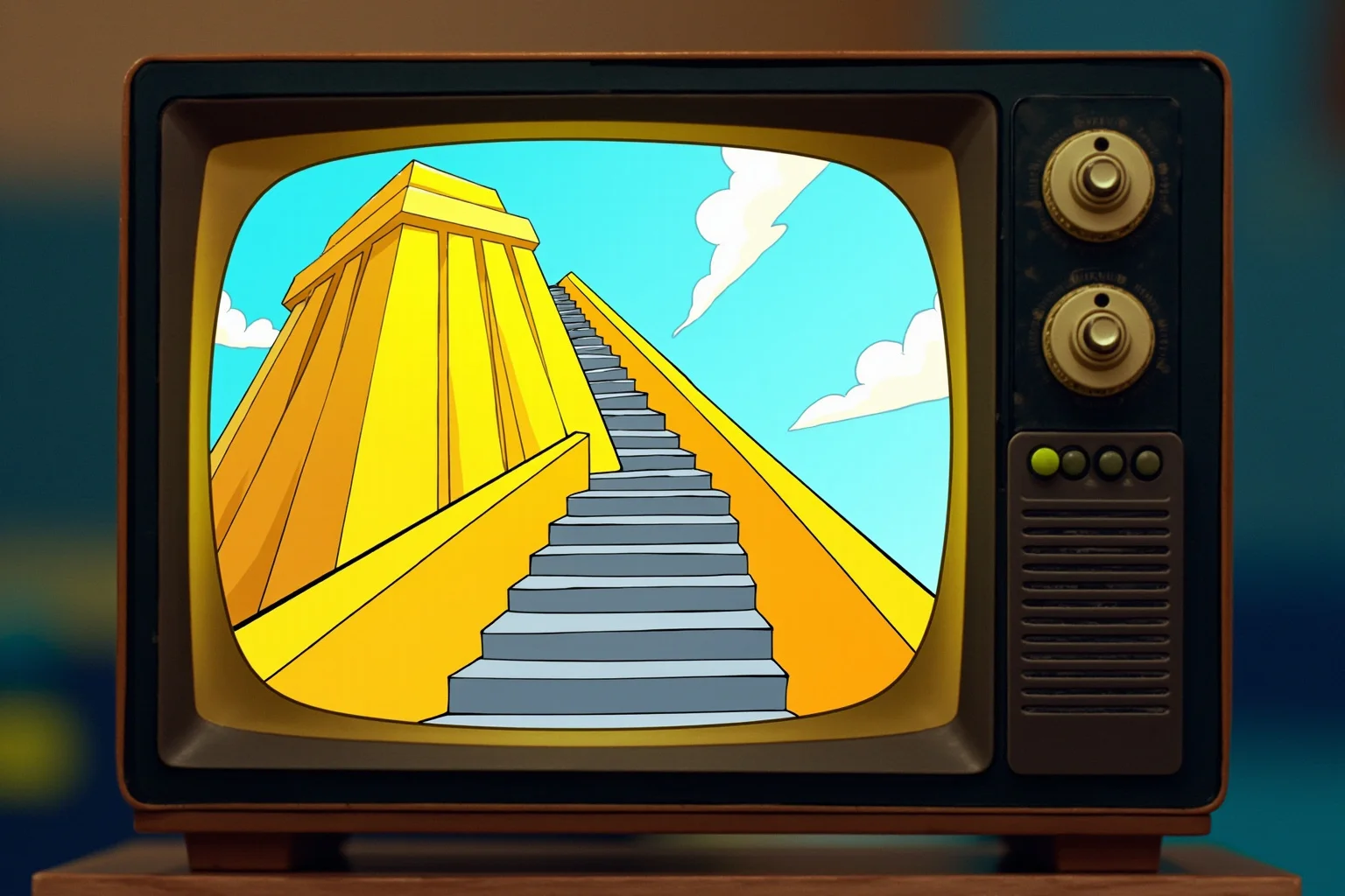 Cartoon-style television screen showing a descending escalator in a golden tower, satirical animation aesthetic