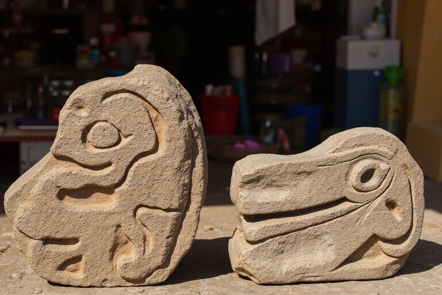 Carved stones from Ica, Peru, depicting dinosaurs and surgery, market stall setting, photorealistic