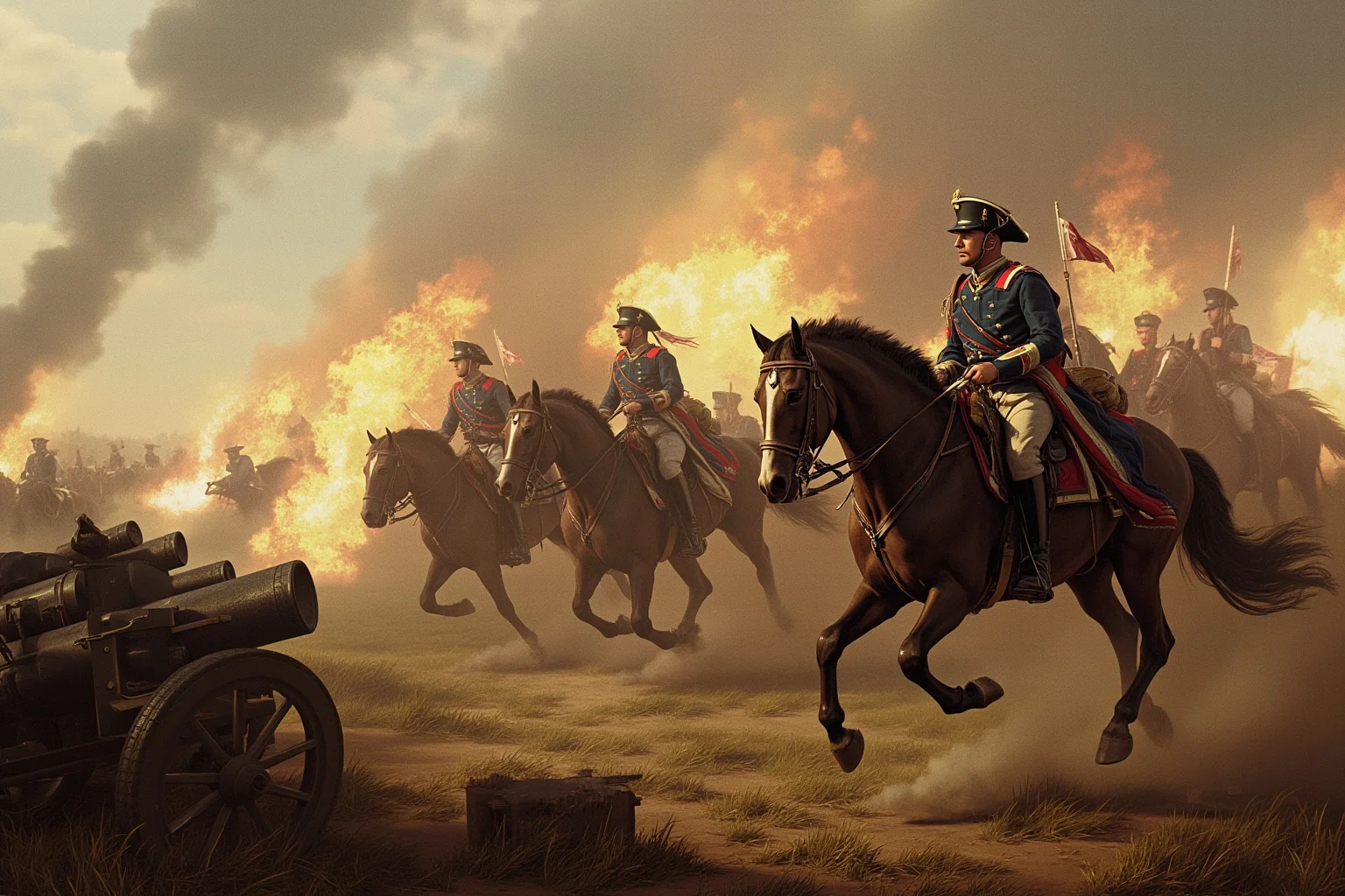 Military Tactics That Seemed Brilliant: 20 That Were Pure Desperation 9 Cavalry soldiers charging into artillery fire on horseback, 19th-century Crimean War battlefield, smoke and chaos, dramatic realism