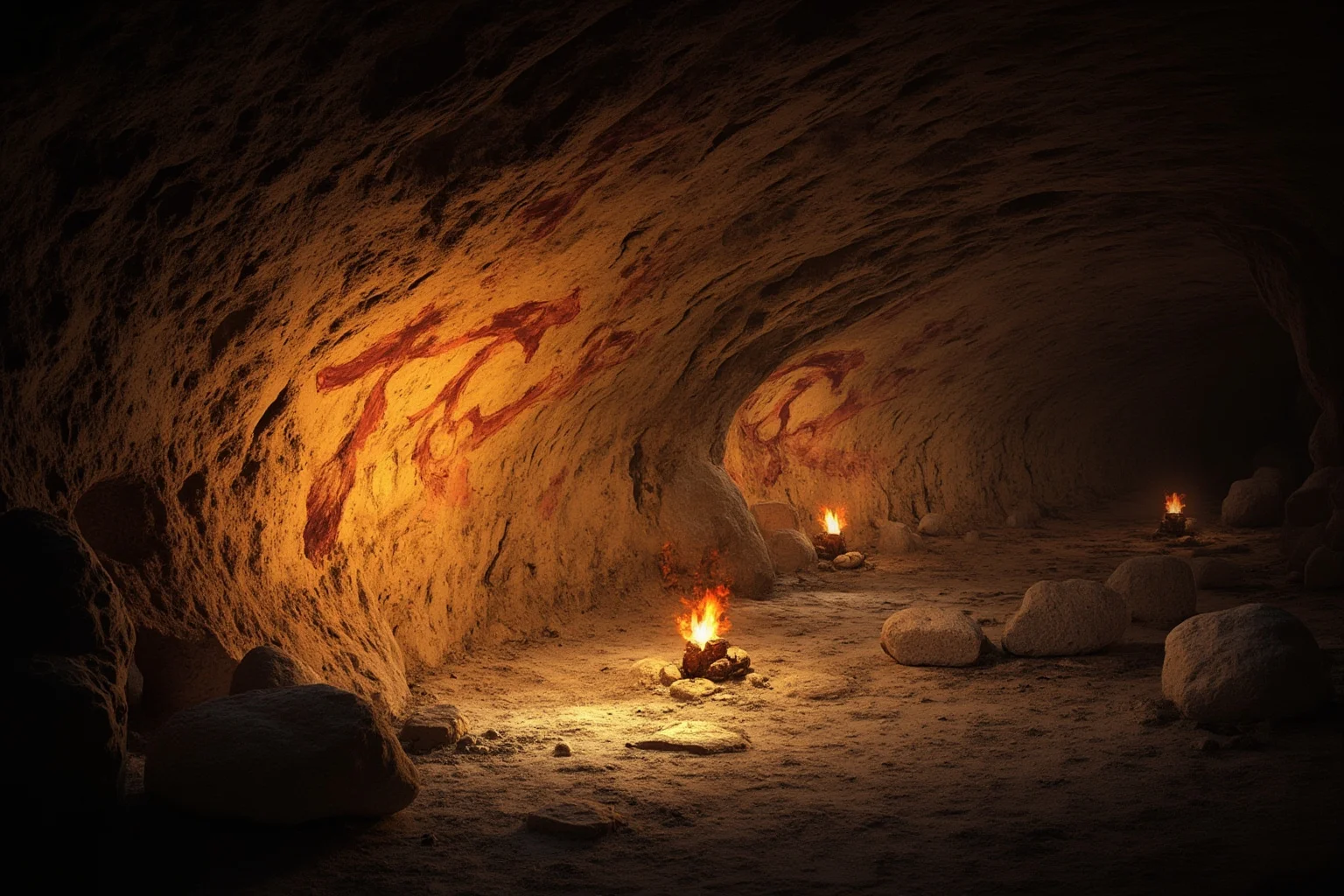 Cave interior illustration inspired by prehistoric art, with ochre mammoth paintings on the rock wall lit by torchlight.