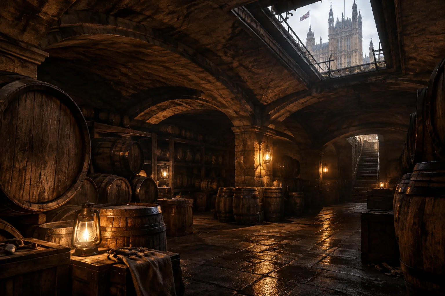 Cellar beneath a historic parliament building with barrels and lantern light, dramatic shadows, early modern London atmosphere, no people