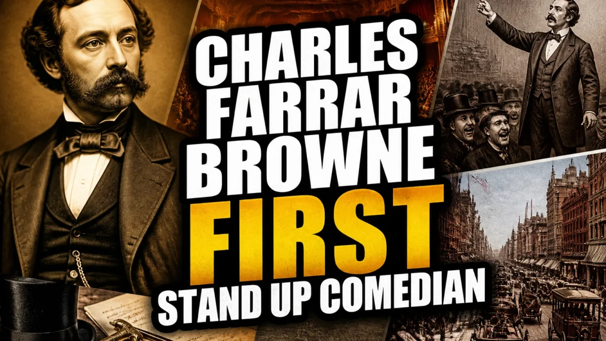 A bold, high-impact blog featured image in the style of a professional YouTube thumbnail or documentary poster. Create a dramatic photo-collage montage of 3-5 distinct historical scenes, subjects, or artifacts directly relevant to "Charles Farrar Browne: America's First Stand-Up Comedian" — vivid, cinematic documentary-photography style, rich color grading, high contrast, dynamic diagonal composition blending the scenes together. Overlay a large, bold, stacked headline of text on top reading exactly: "CHARLES FARRAR BROWNE FIRST STAND UP COMEDIAN". Render the headline in a heavy, condensed, high-contrast font with a black outline/stroke for legibility, mixing white text with a single vibrant accent color (gold, red, or orange) on the most important word or phrase for emphasis, spelled correctly. The headline text must be the dominant visual element — large, bold, and easy to read even at small thumbnail size. Vibrant, punchy, professional commercial photography and graphic-design composition. 16:9 landscape. Keep the headline text within the vertical center safe zone, away from the very top and bottom edges of the frame, since the image may be cropped afterward. No watermarks, no logos, no extra captions or invented text beyond the headline itself.