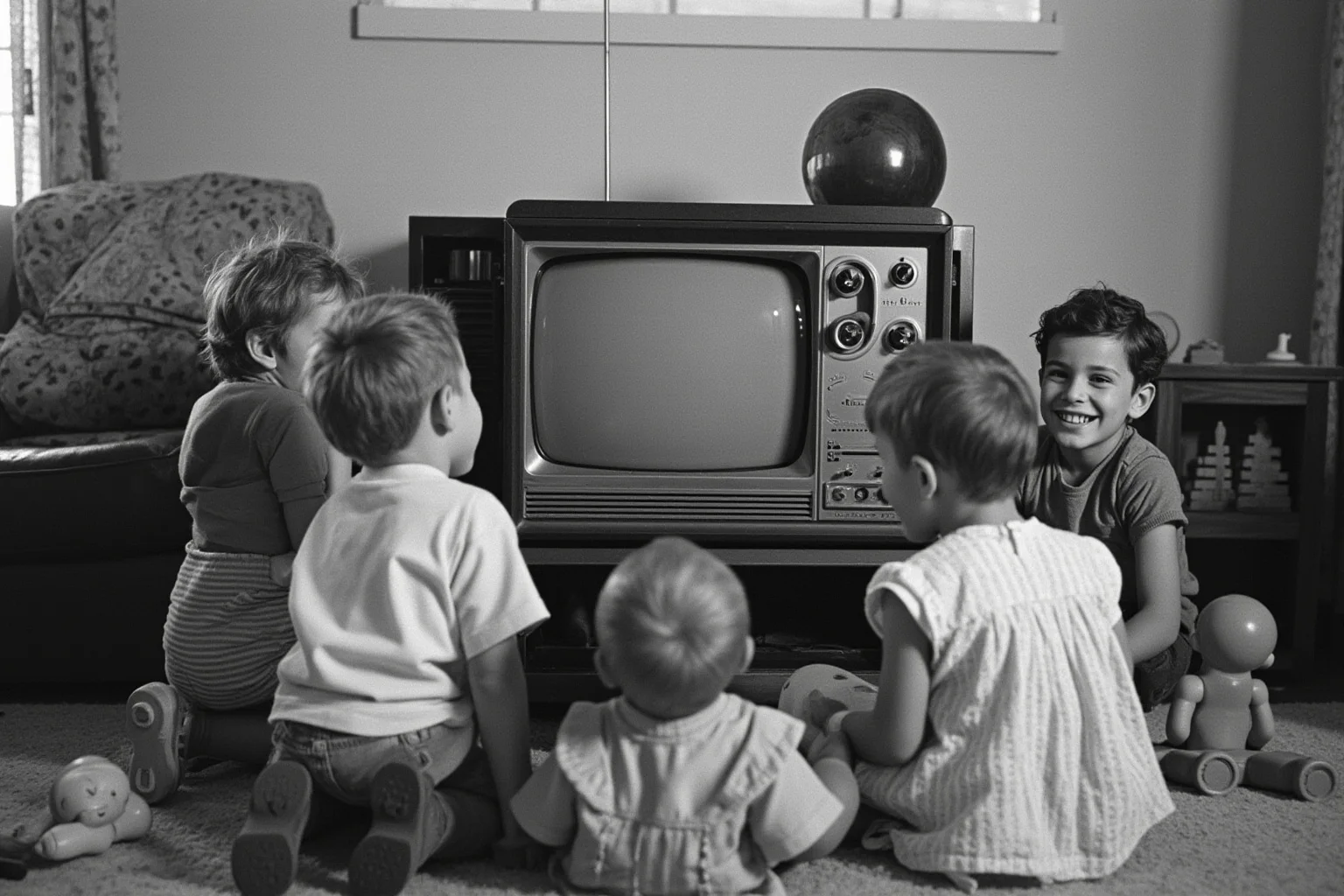 Children gathered around a black-and-white 1950s television set in a living room, with toys scattered on the floor