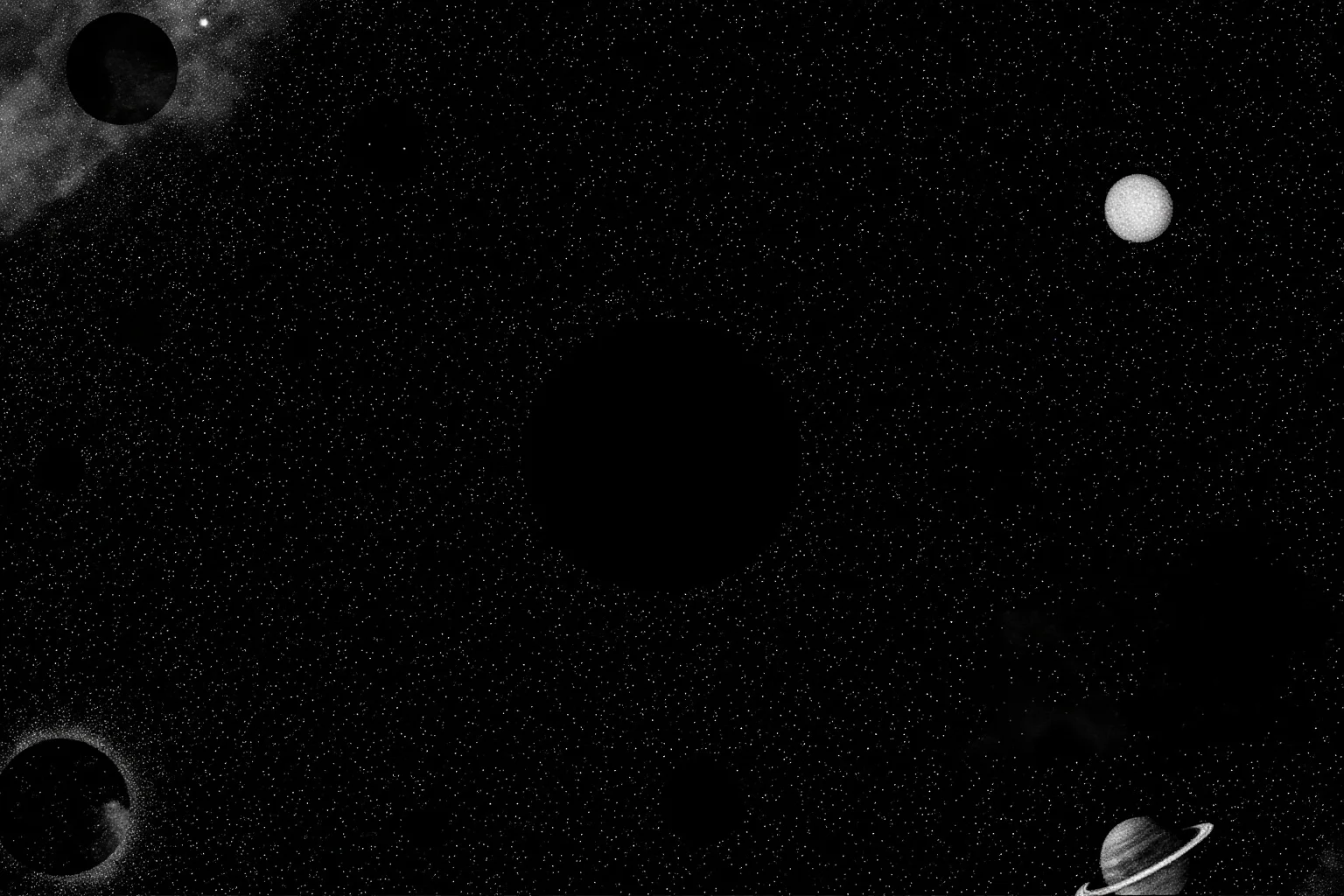 Chinese xuan ye cosmology, infinite empty space with celestial bodies floating freely, dark ink-wash style, stars and planets, no text.