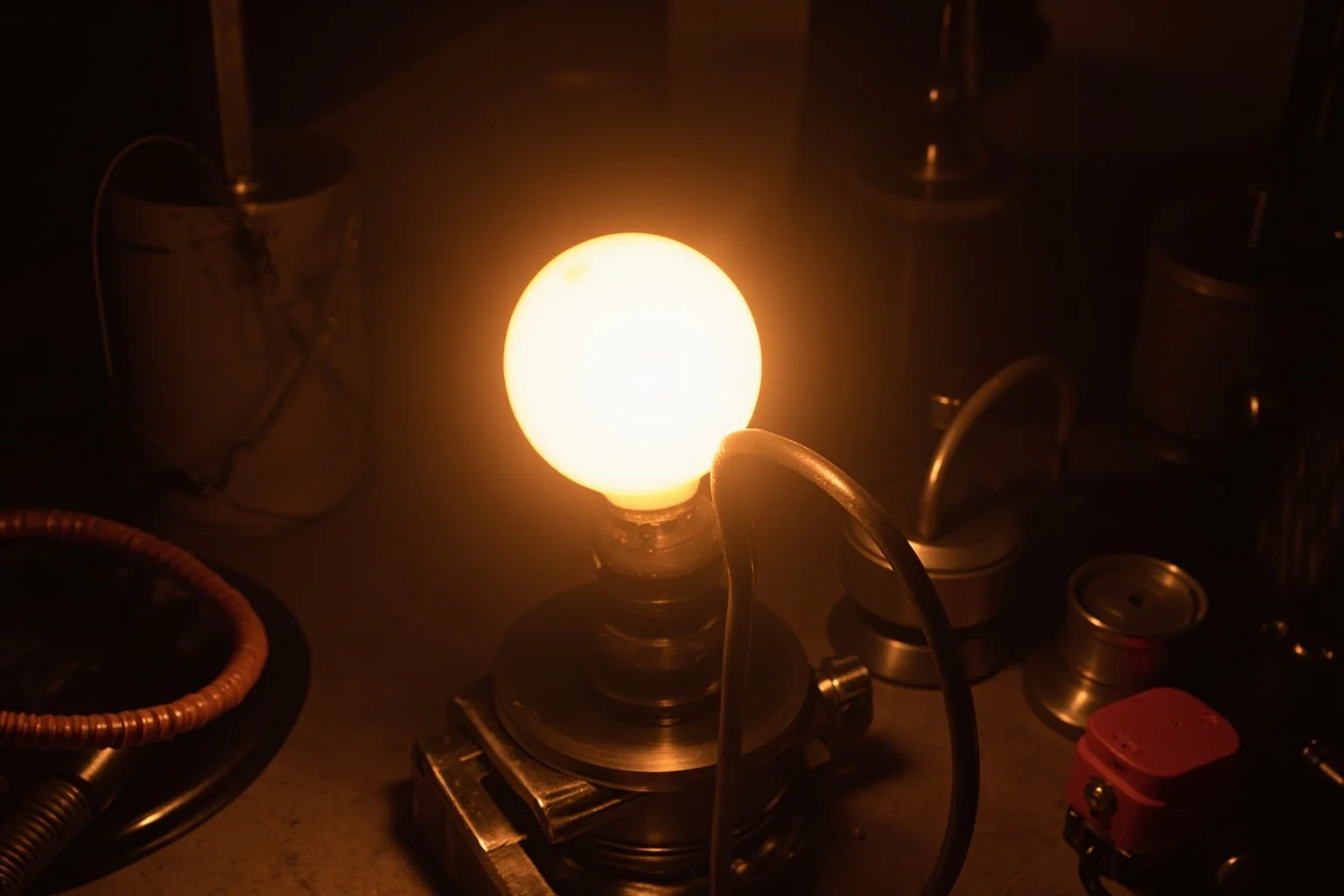 Things Americans Did First Before Any Other Country 11 Classic 1879 laboratory scene of an incandescent light bulb glowing brightly amid tools and wires, without depicting any specific person's face.