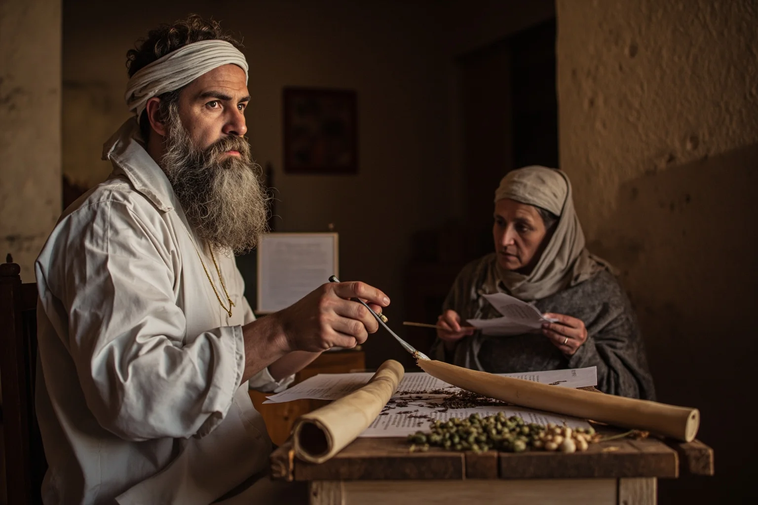 Classical Athenian physician in disguise treating a woman patient inside a modest Greek home, scrolls and herbs on a wooden table