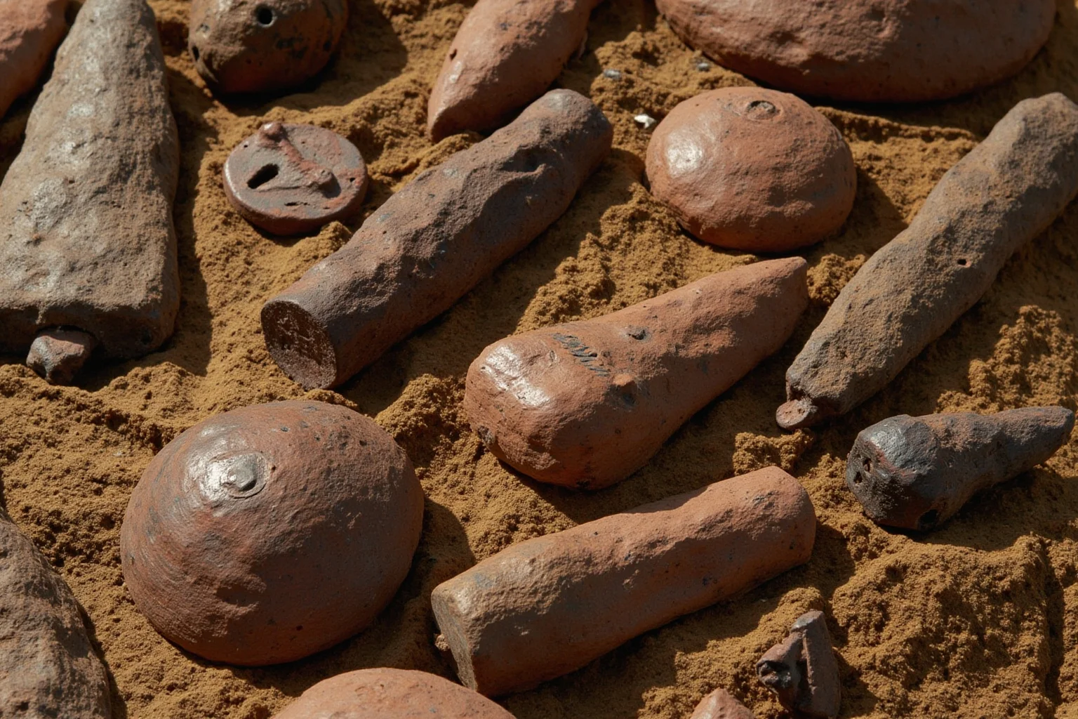 Clay and copper objects with strange inscriptions from Michigan, 19th-century farm field, photorealistic