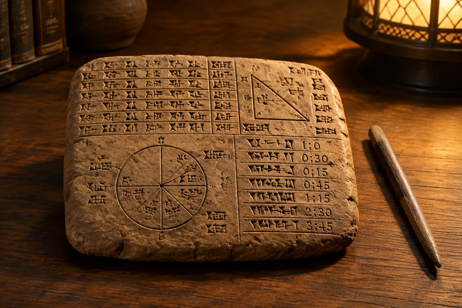 23 Historical Finds That Reveal Advanced Ancient Civilizations 10 Clay cuneiform tablet showing mathematical diagrams and sexagesimal numerals on a wooden table beside a stylus, warm lamplight, museum documentary style, no people.