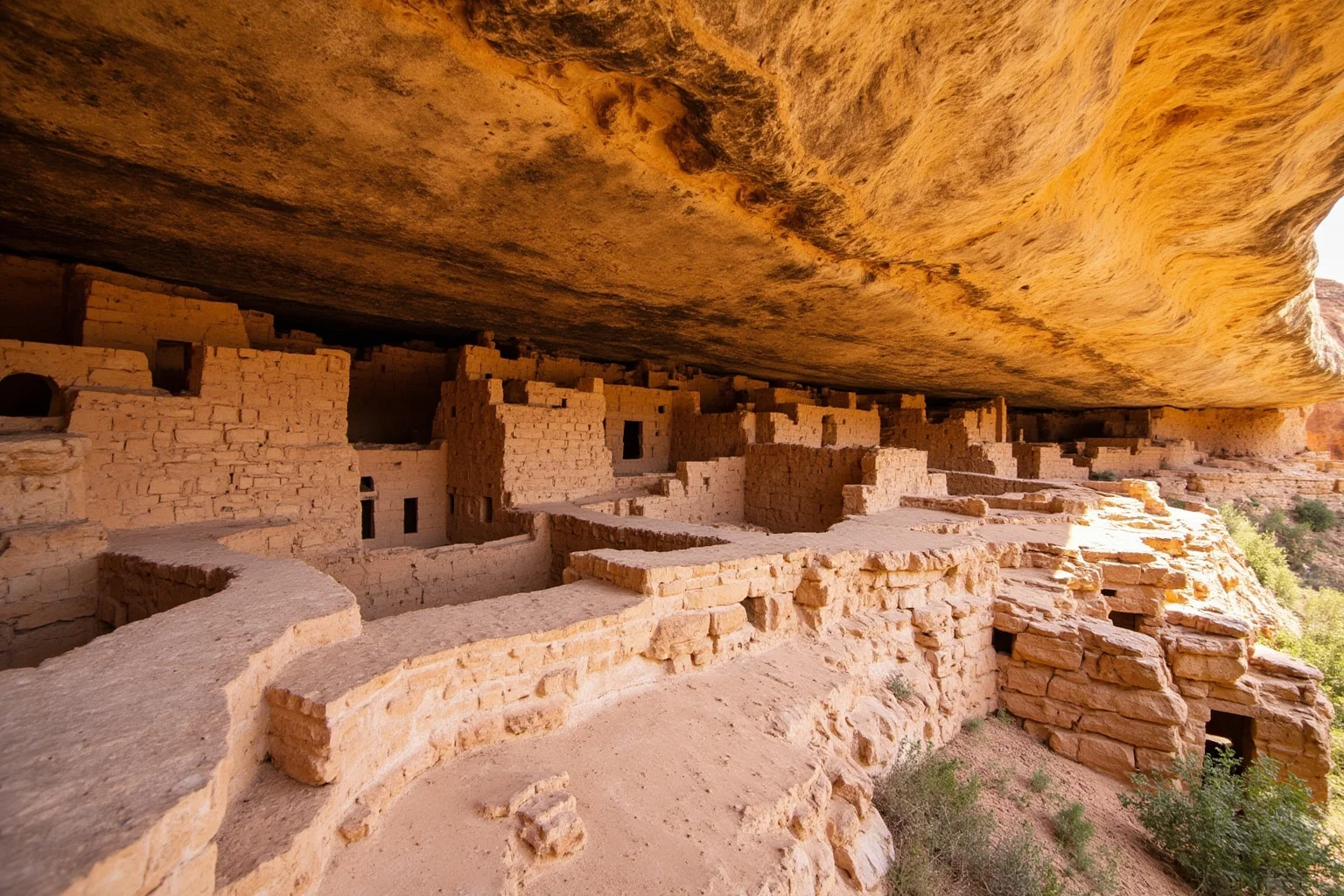 Cliff Palace alcove dwellings of Mesa Verde, Colorado, stone and adobe beneath a canyon overhang