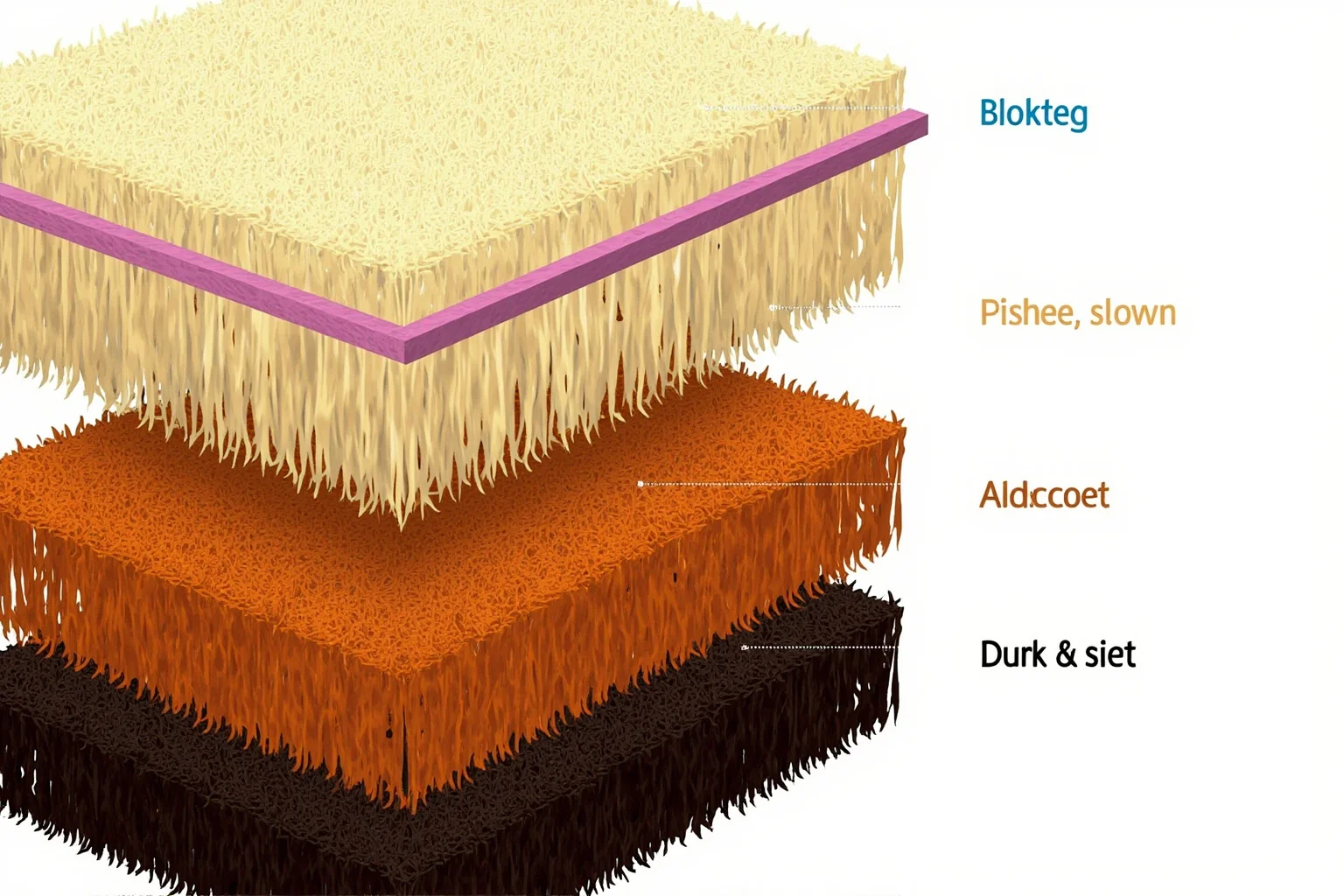 Close-up cross-section illustration of woolly mammoth fur layers, showing long guard hairs over a dense undercoat, with blonde, ginger, and dark brown colour variants.