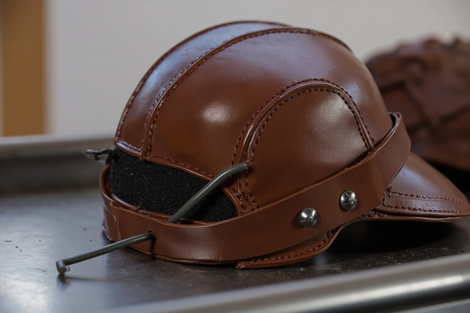 Executions Gone Horribly Wrong: 28 Botched Executions That Shocked History 20 Close-up illustration of a leather execution headpiece with a sponge insert and wiring resting on a metal table, clinical lighting, no gore.