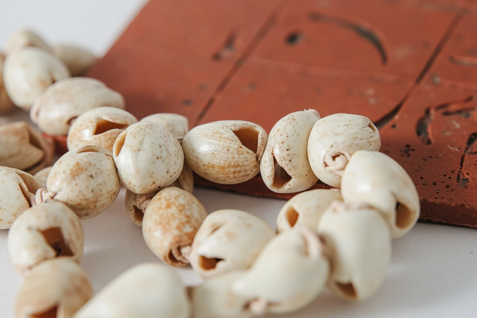 24 Facts About Prehistoric Humans 13 Close-up illustration of pierced sea shells strung into a necklace beside a piece of engraved red ochre.