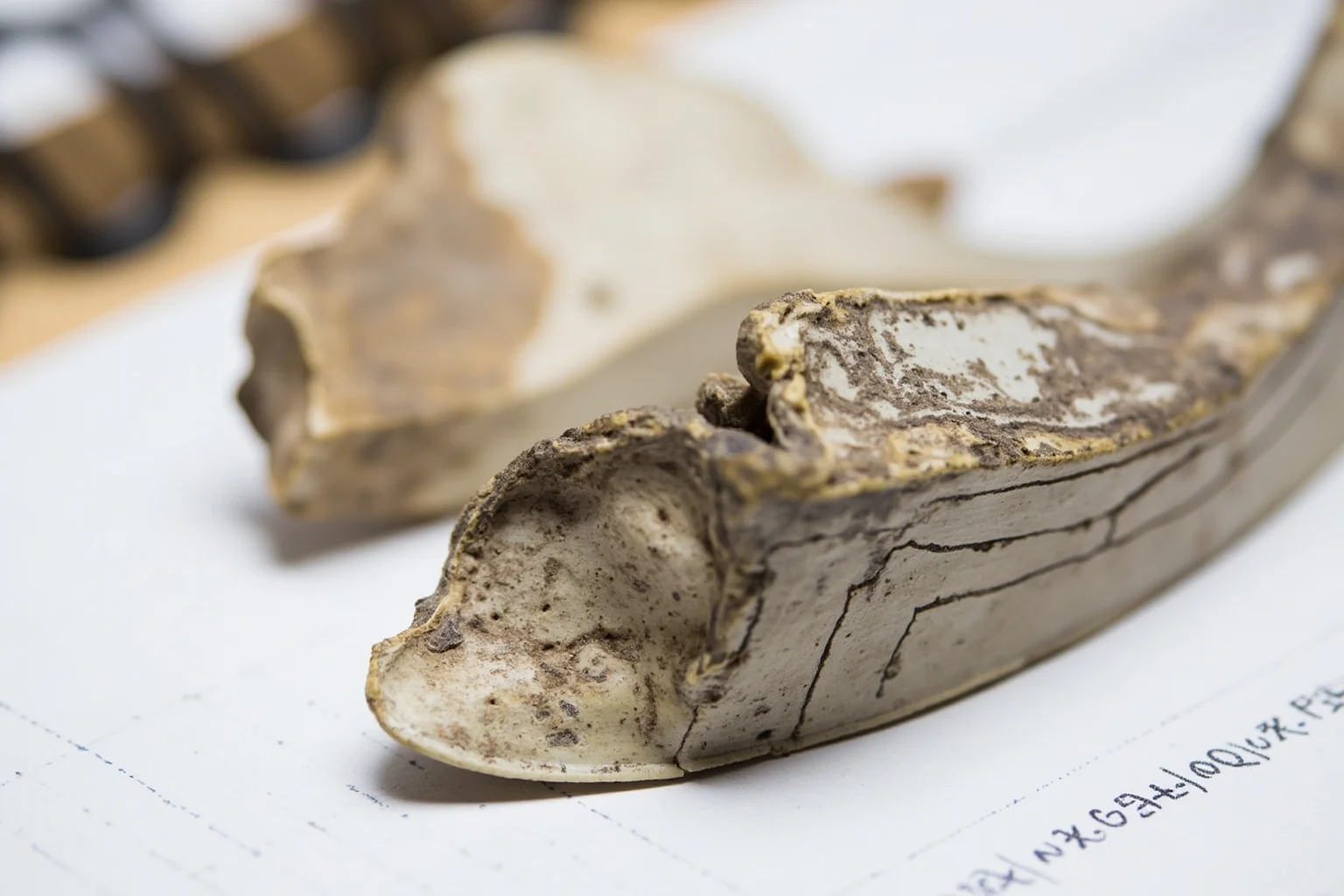 24 Facts About Prehistoric Humans 18 Close-up illustration of prehistoric human teeth and jaw showing wear patterns, beside a researcher's notebook.