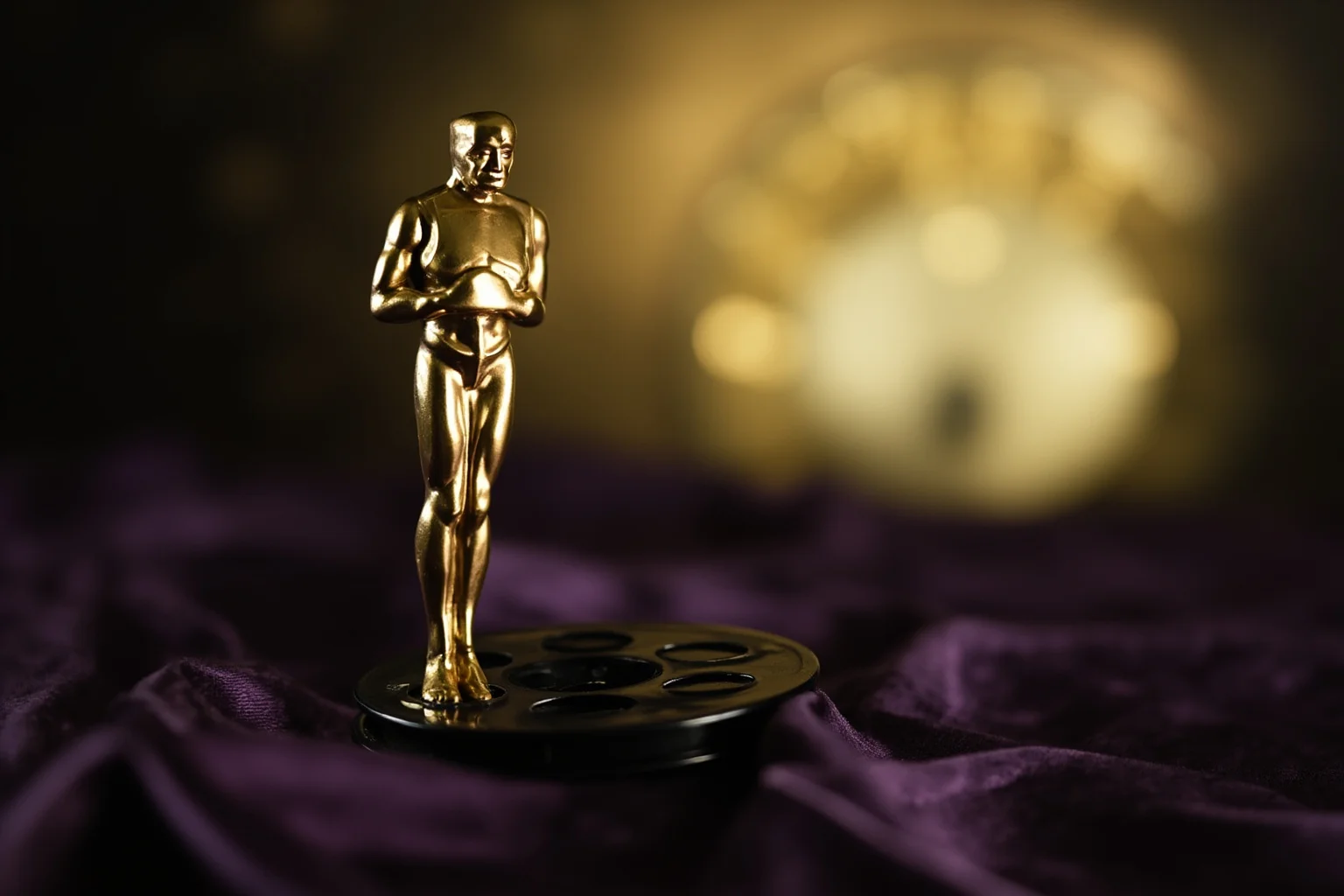 Close-up of a golden knight statuette standing on a film reel on a velvet-draped table, art deco background, soft spotlight, classic Hollywood atmosphere