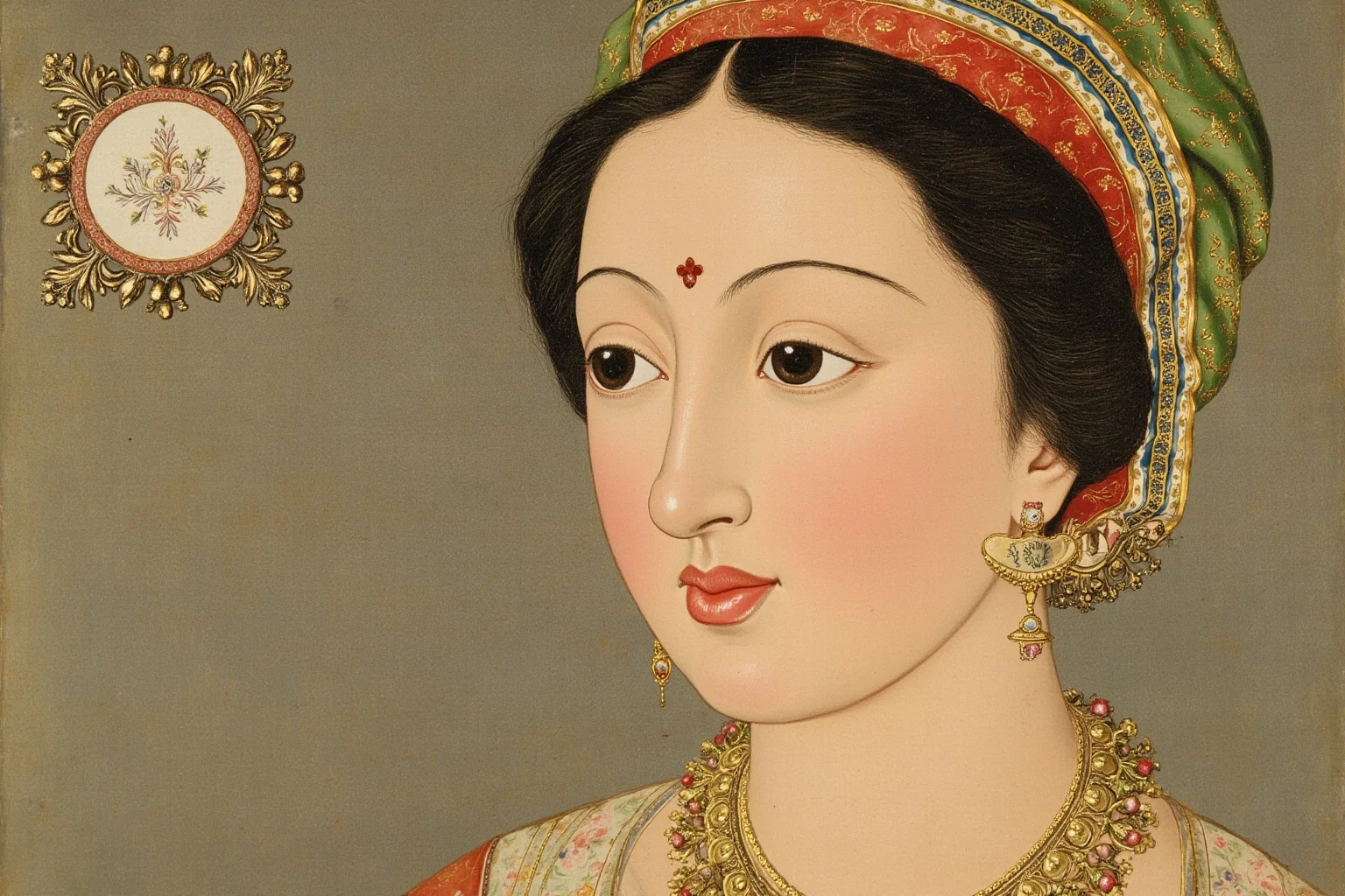 Close-up of a Mughal noblewoman's portrait, idealized and generic, not a real person