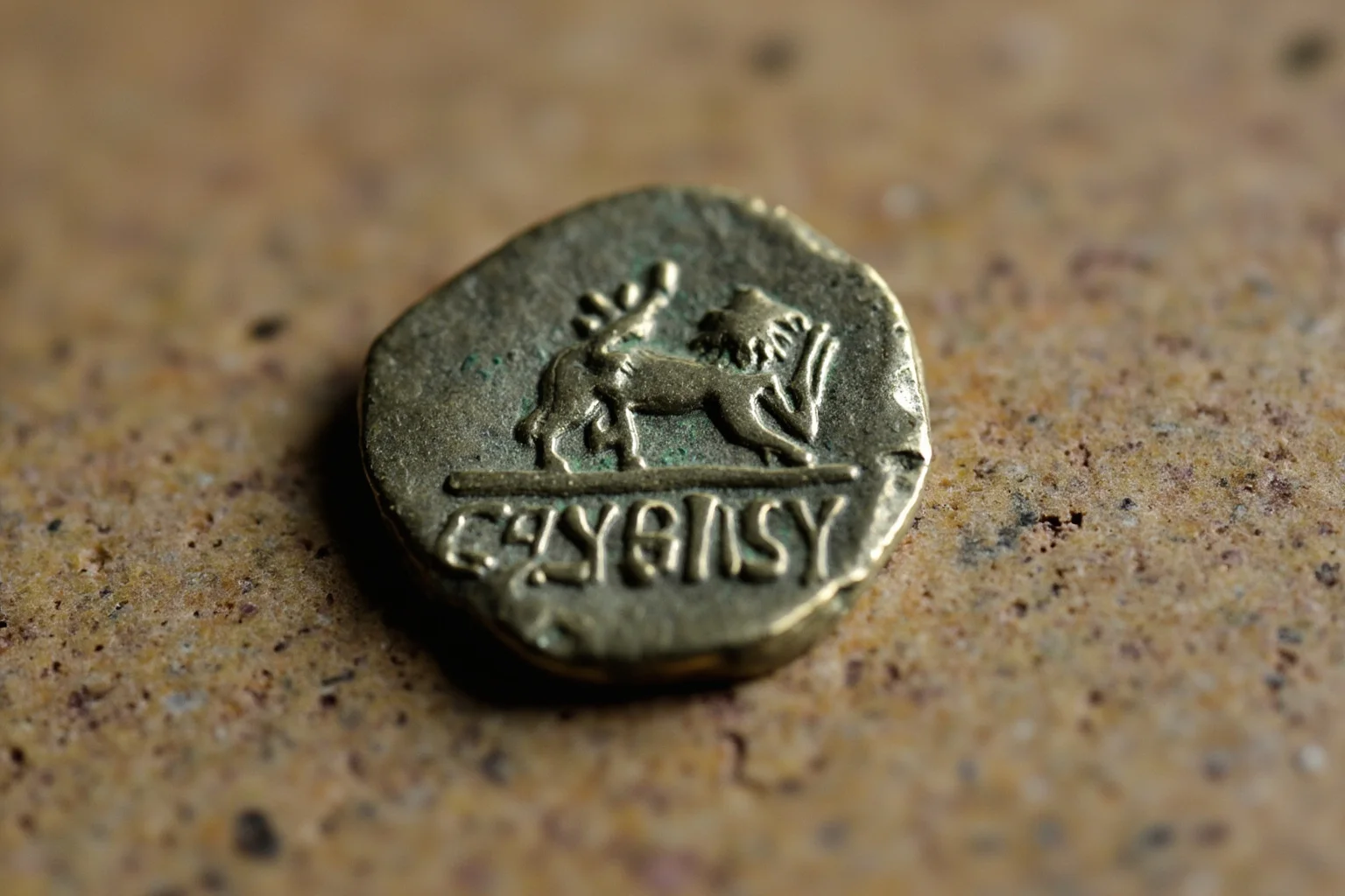 Close-up of an ancient Lydian electrum coin with a lion stamp on a stone surface