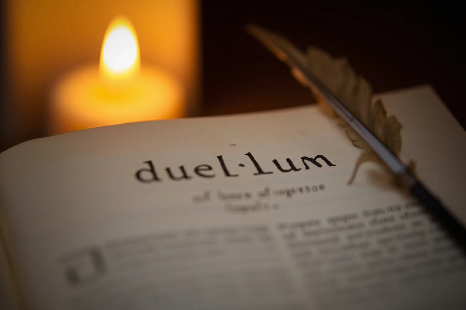 Close-up of an antique book page showing the Latin word 'duellum' with a quill pen resting on it, warm candlelight.
