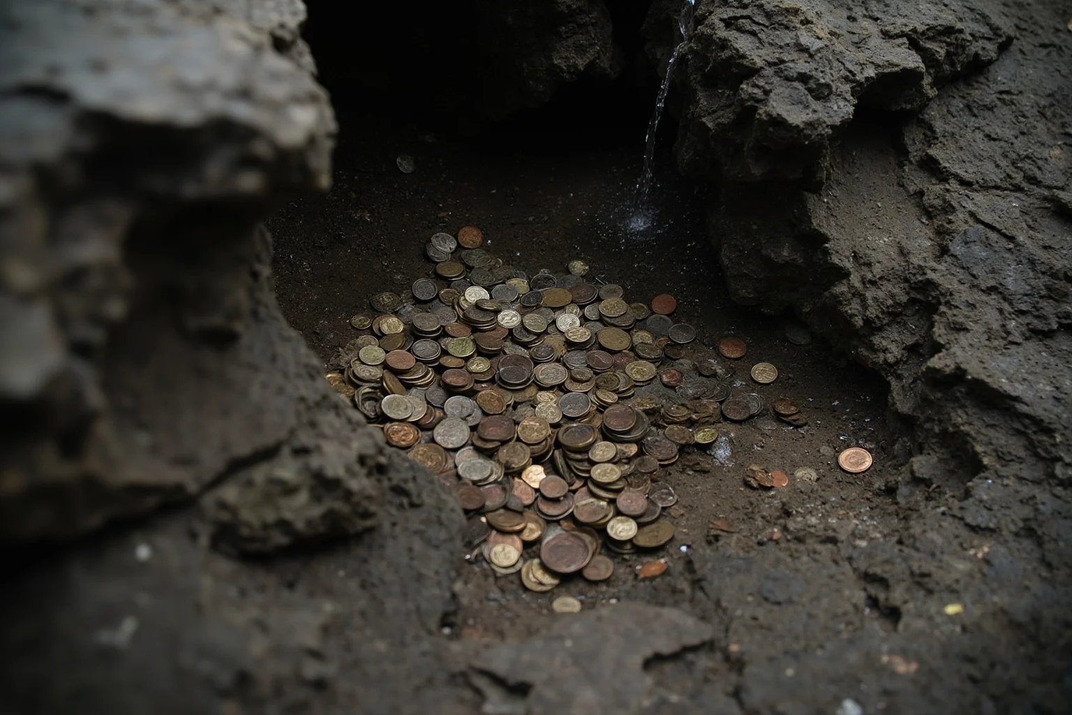 Close-up of scattered old coins and debris resting in crevices of exposed gray rock at the bottom of a dried waterfall, muted natural lighting
