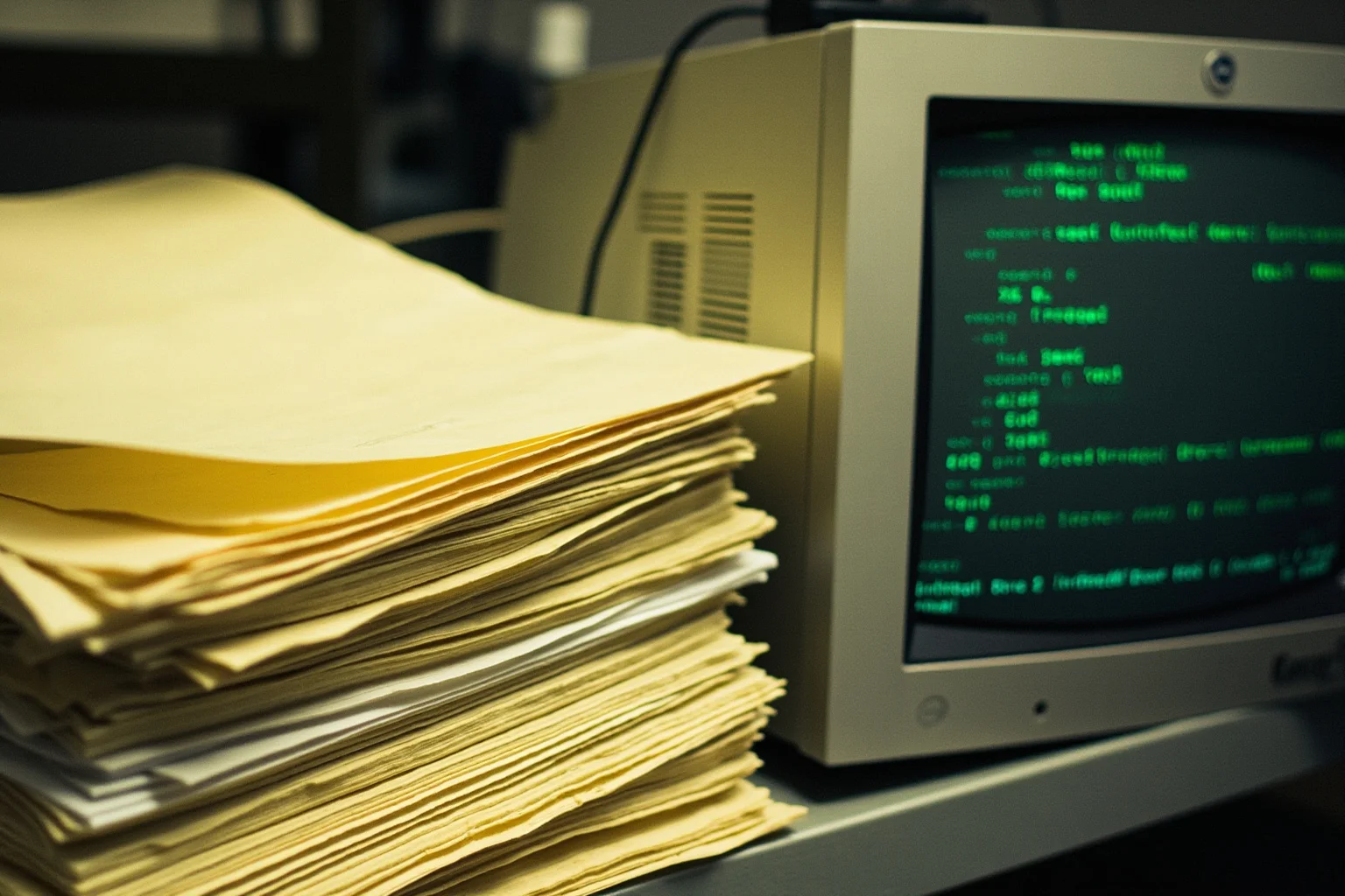 Close-up of yellowed COBOL source code printouts stacked on a metal desk beside a 1990s CRT monitor, fluorescent office lighting, documentary photography style