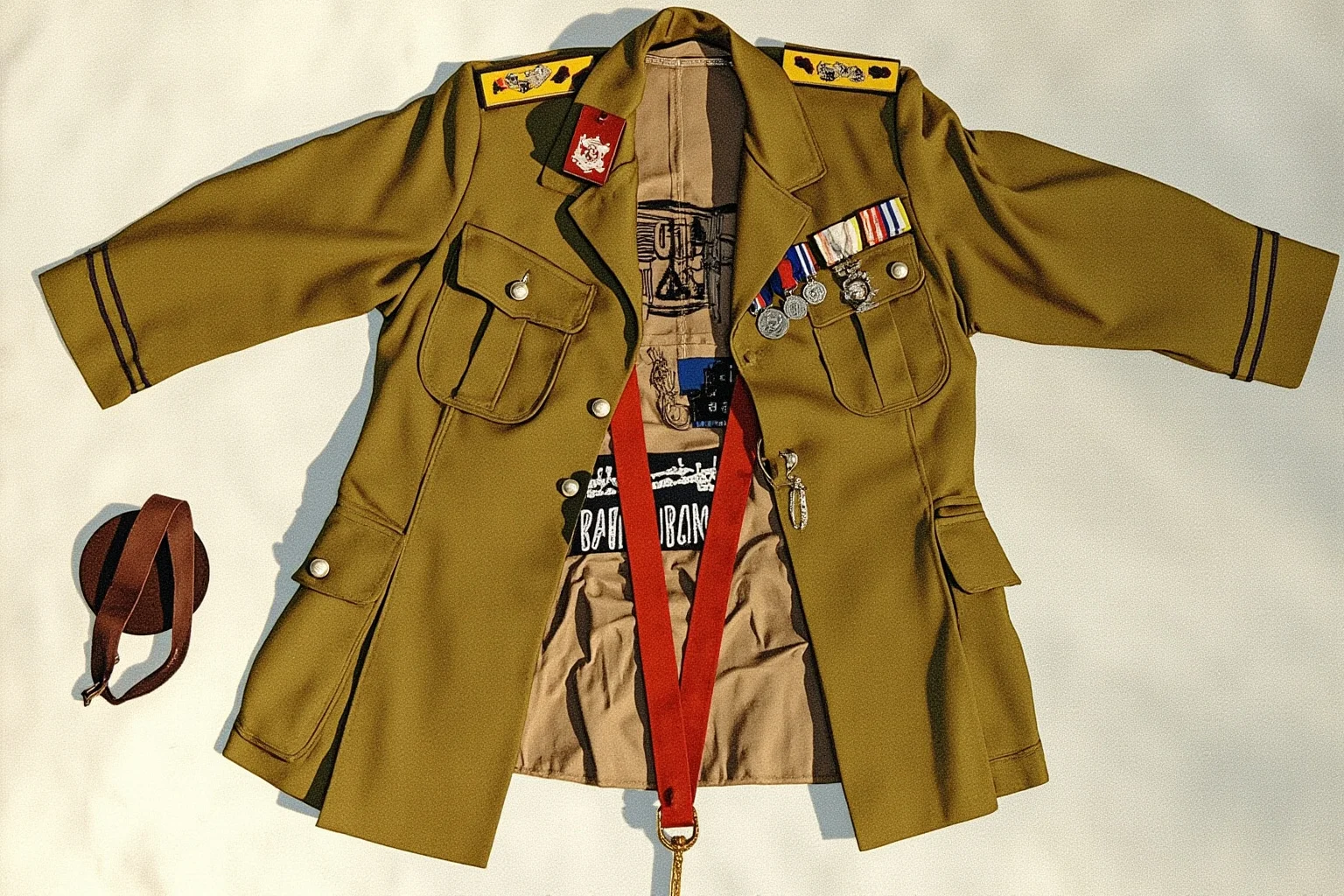 Collage-style illustration of a World War I officer's uniform tunic with medals, an eyepatch, and bandages laid out on a table