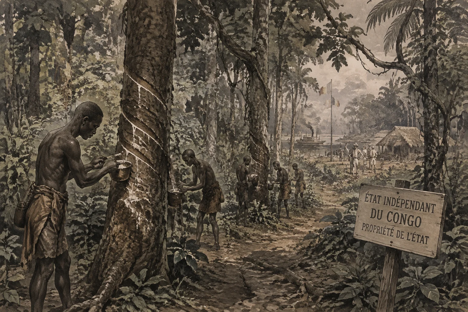 The Single Worst Time Period in Human History? What the Evidence Actually Shows 20 Colonial Congo landscape with rubber tappers and dense jungle, somber historical illustration style, no identifiable real people.