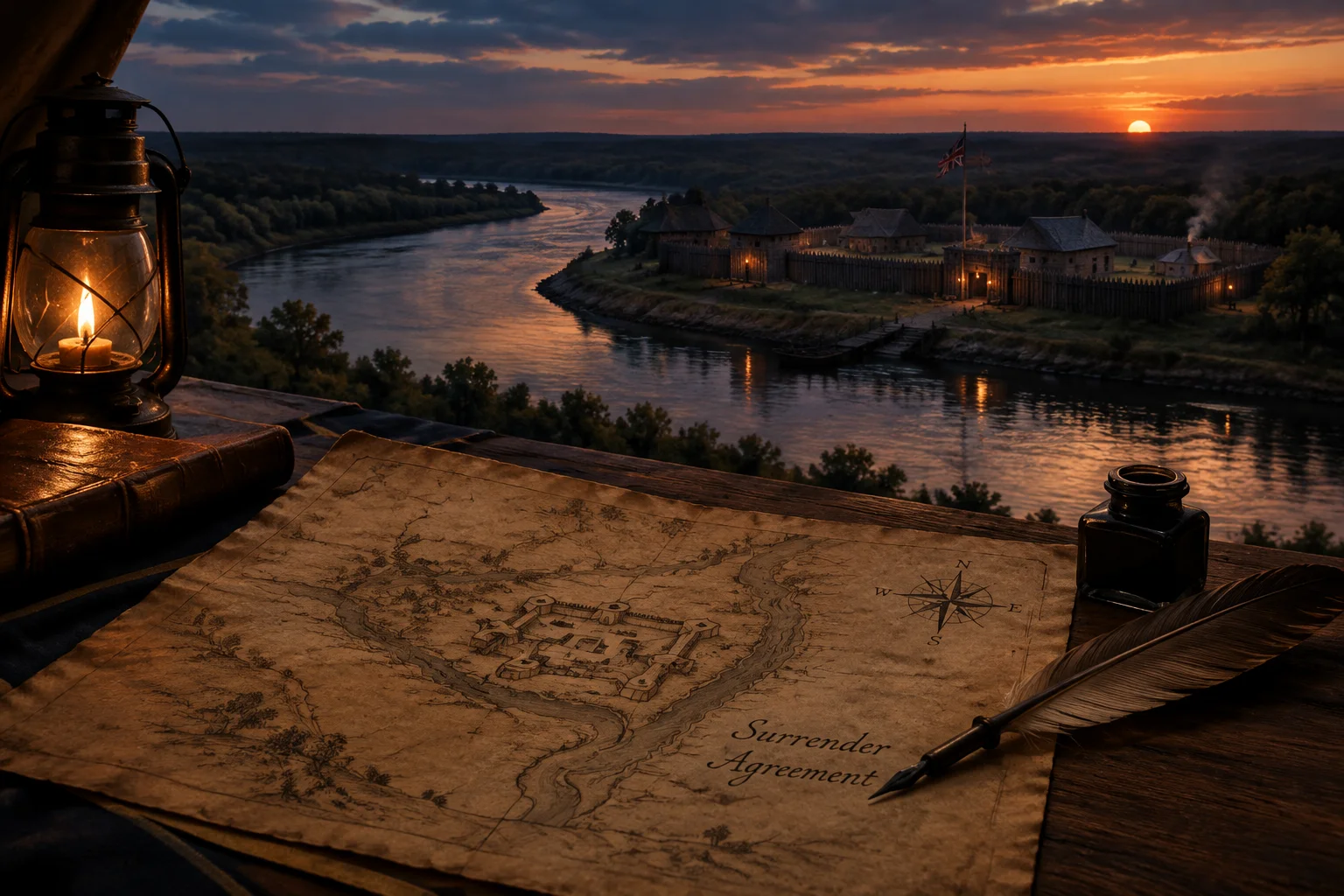 Colonial-era American fort on a river bend at dusk, parchment map and quill on a desk, moody lighting, symbolic of a planned surrender, no people