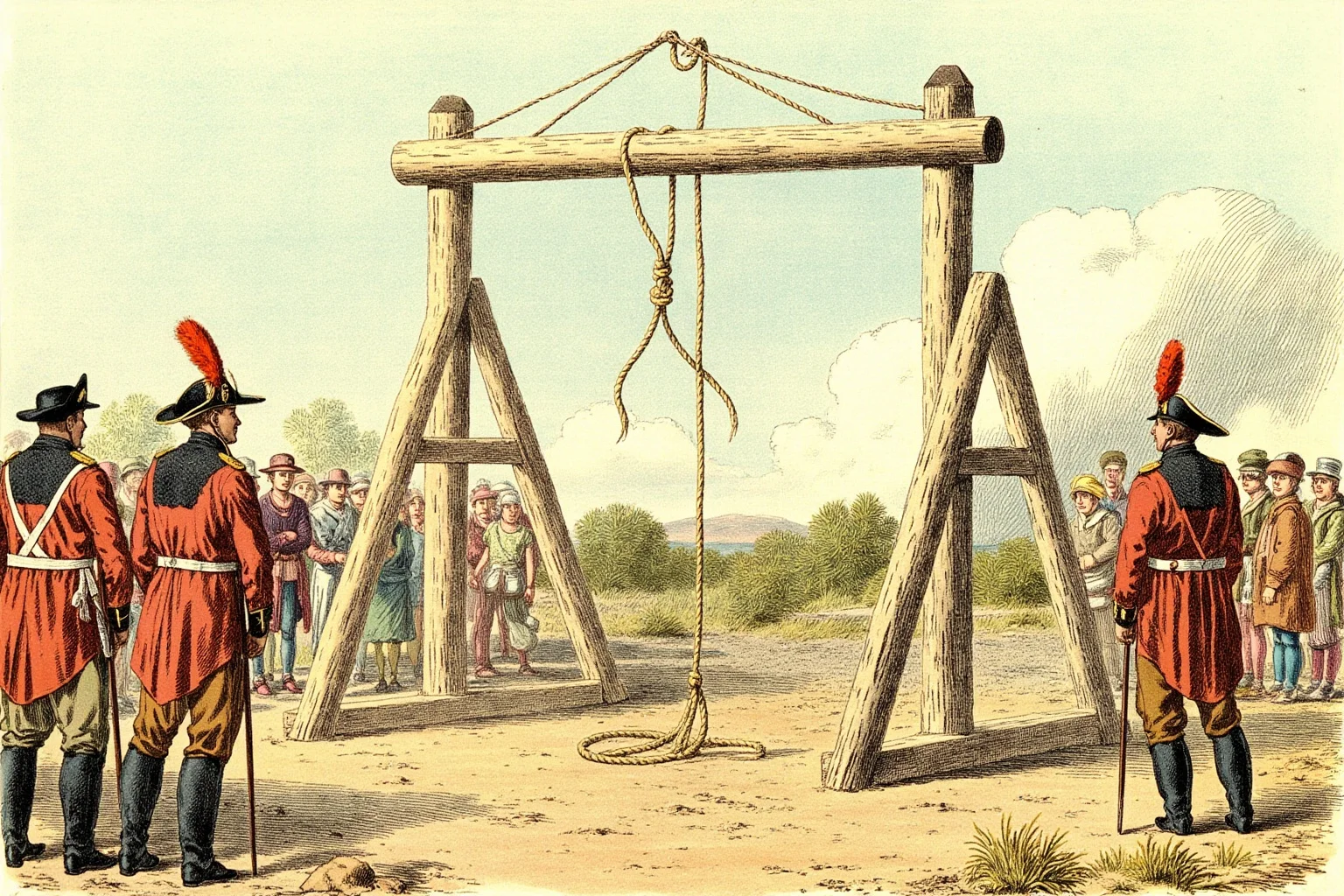 Executions Gone Horribly Wrong: 28 Botched Executions That Shocked History 12 Colonial-era illustration of a scaffold in a dusty Australian settlement, a frayed rope hanging loose, red-coated soldiers and convict spectators watching.