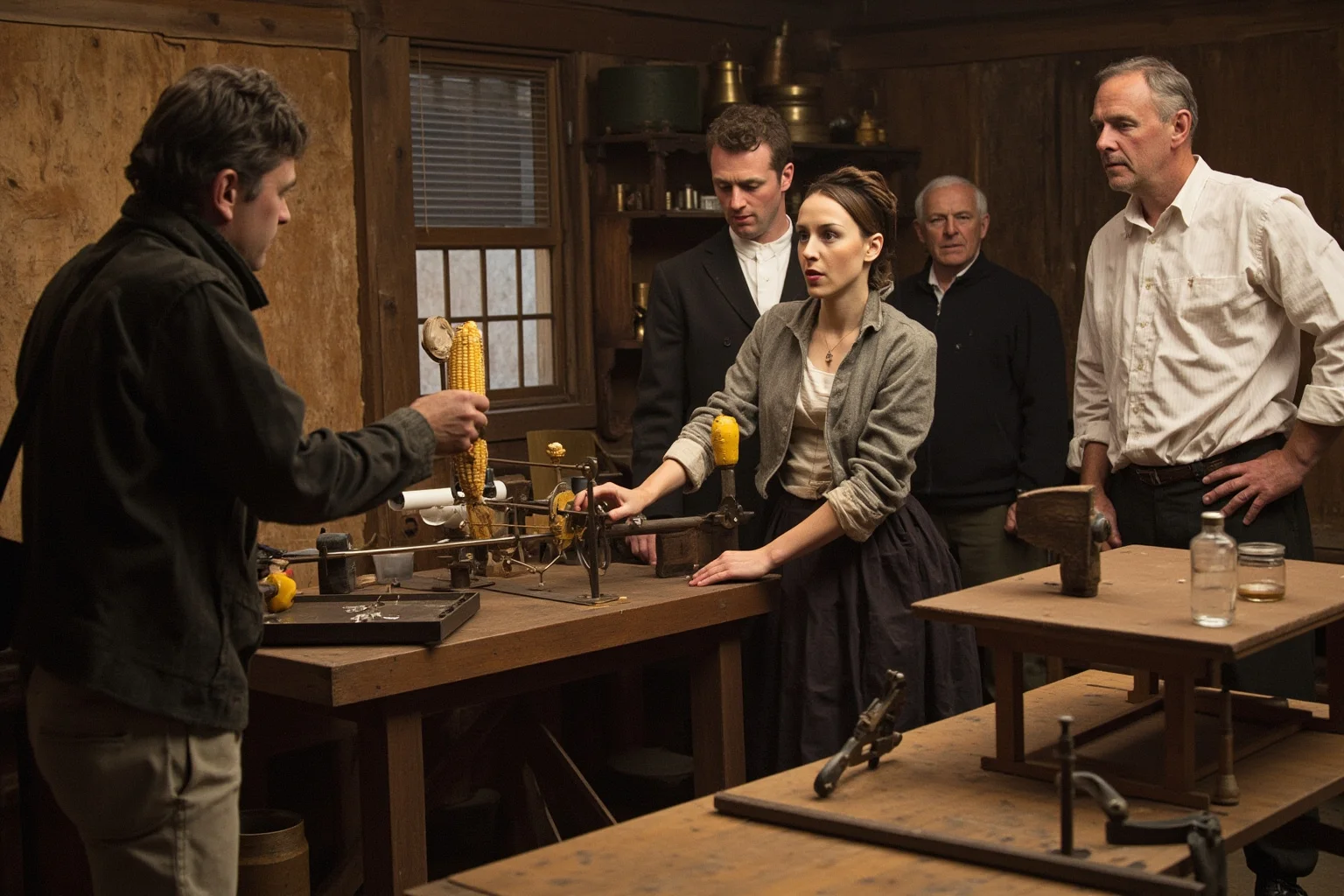 Colonial-era workshop scene showing a woman inventor demonstrating a corn-processing device to officials, workbench and tools