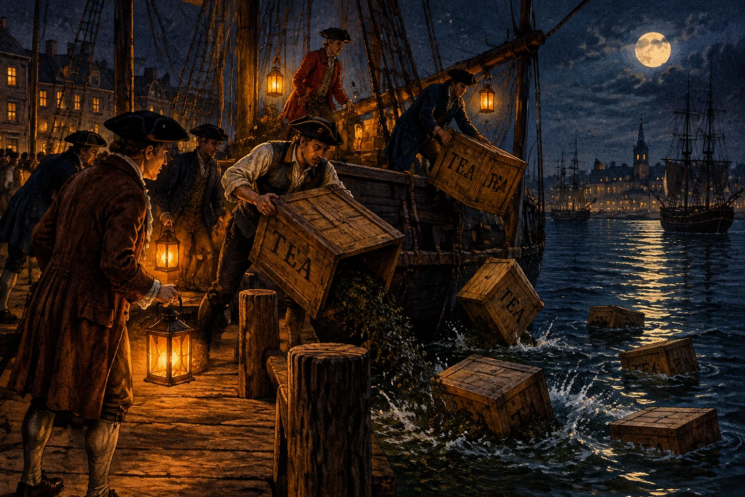 Colonists dumping crates of tea into a harbor from a ship at night, lanterns glowing, 18th-century style illustration