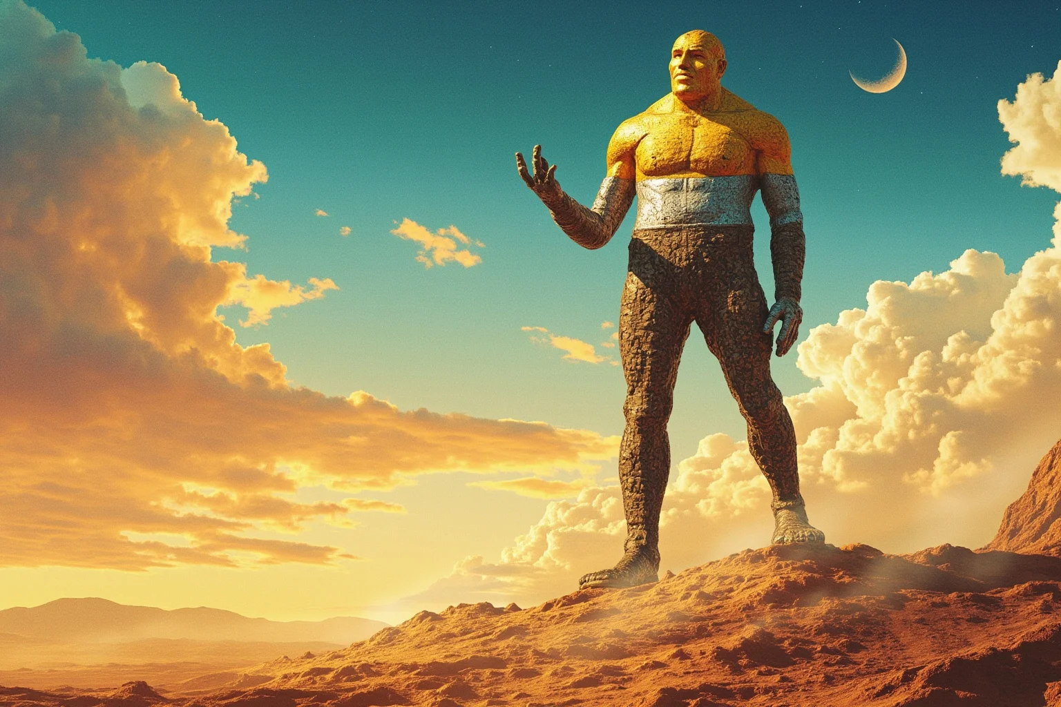 Colossal statue with head of gold, chest of silver, belly of bronze and legs of iron standing in a desert dreamscape, symbolic illustration