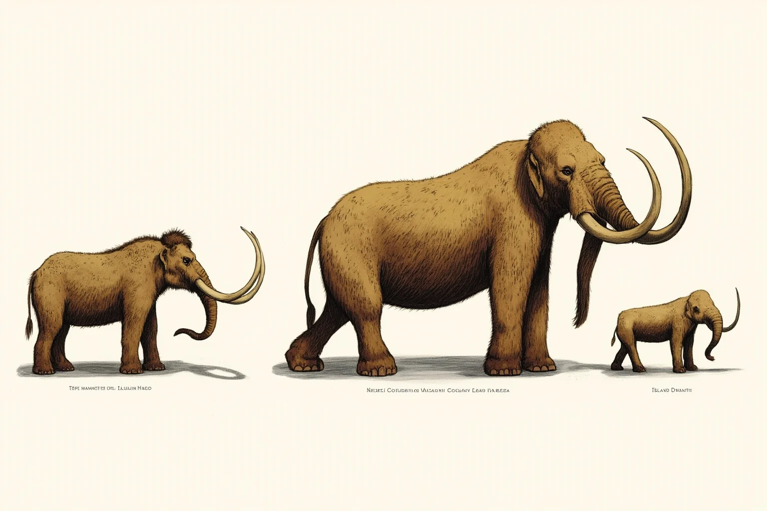 Comparative illustration of several mammoth species at different sizes: steppe mammoth, Columbian mammoth, and a small island dwarf mammoth.