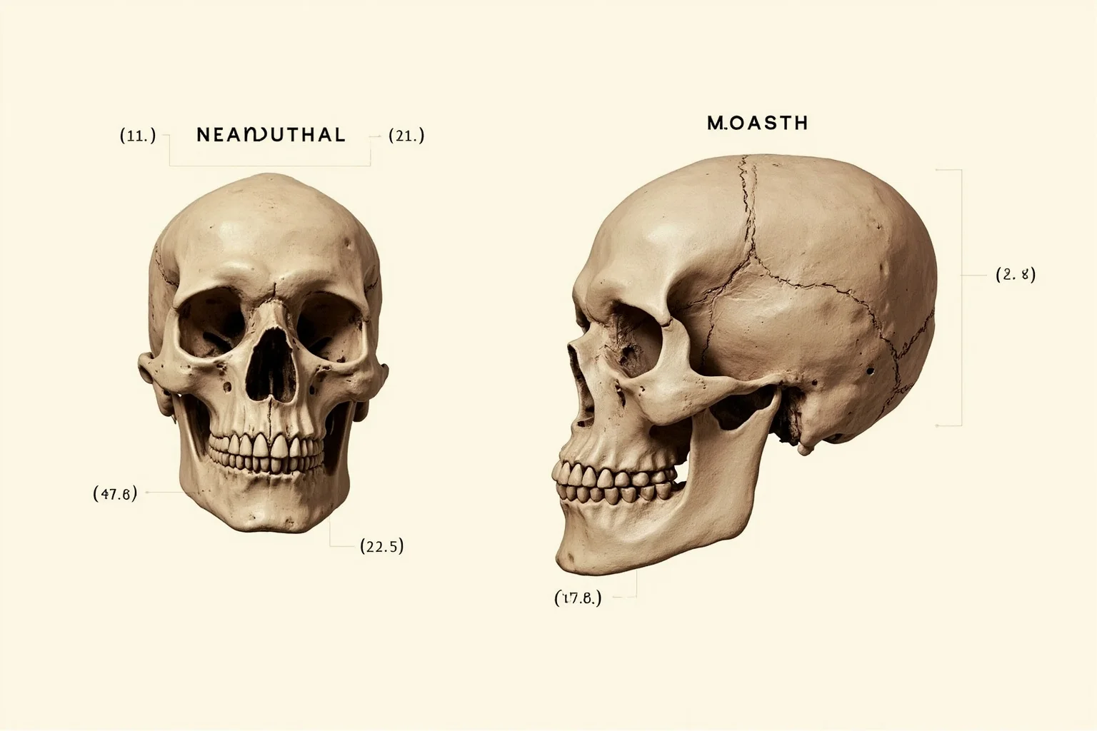 24 Facts About Prehistoric Humans 19 Comparison illustration of Neanderthal and modern human skulls side by side, labelled for study.