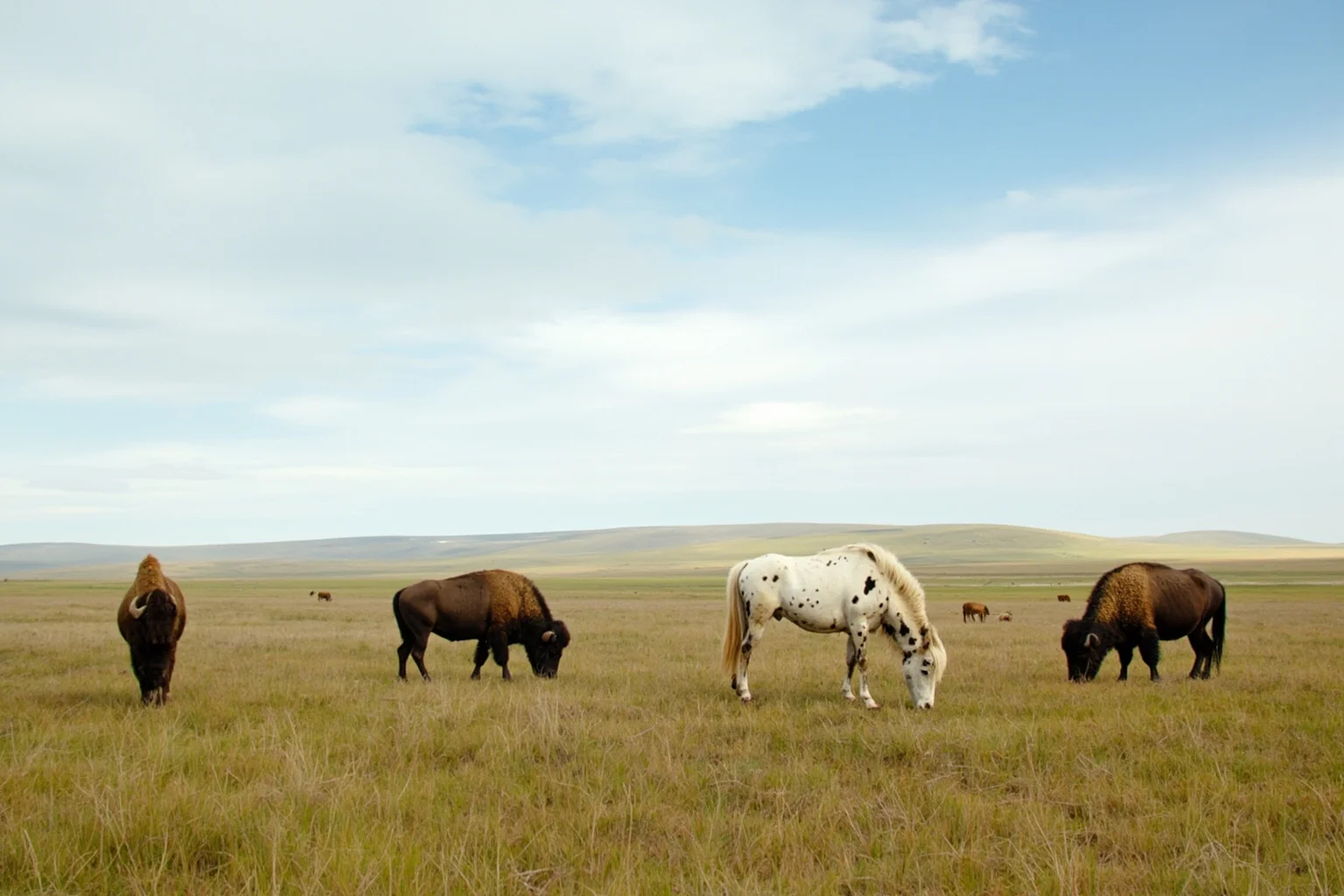 Concept scene of a grassy Arctic plain with bison and horses grazing, representing a rewilding experiment to restore steppe grassland.