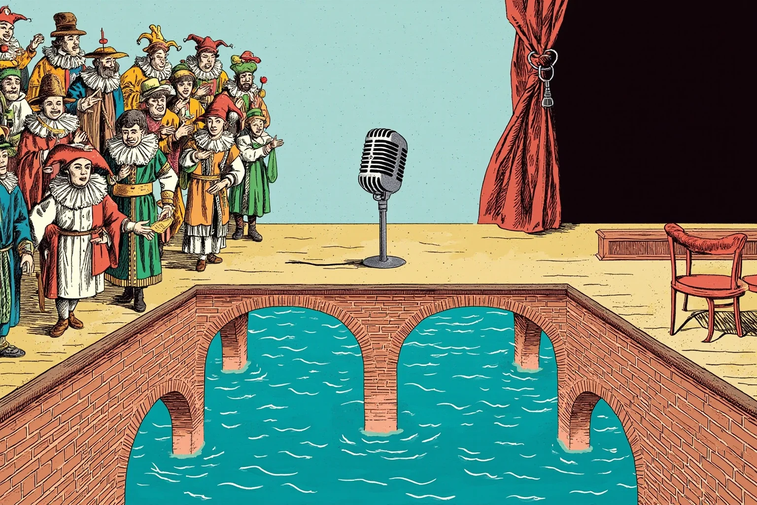 Charles Farrar Browne: America's First Stand-Up Comedian 14 Conceptual illustration of a bridge connecting two eras, one side filled with jesters and lecturers and the other with a modern microphone on an empty stage, no text