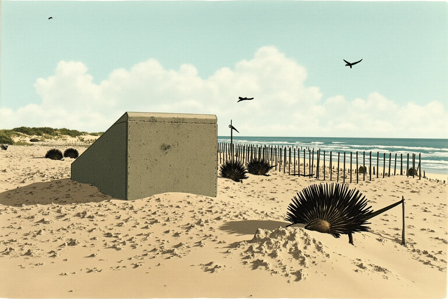 The Turning Point? 20 Facts About the Battle of Normandy 6 Concrete coastal bunker and beach obstacles including steel hedgehogs and wooden stakes on a Normandy beach, WWII historical illustration