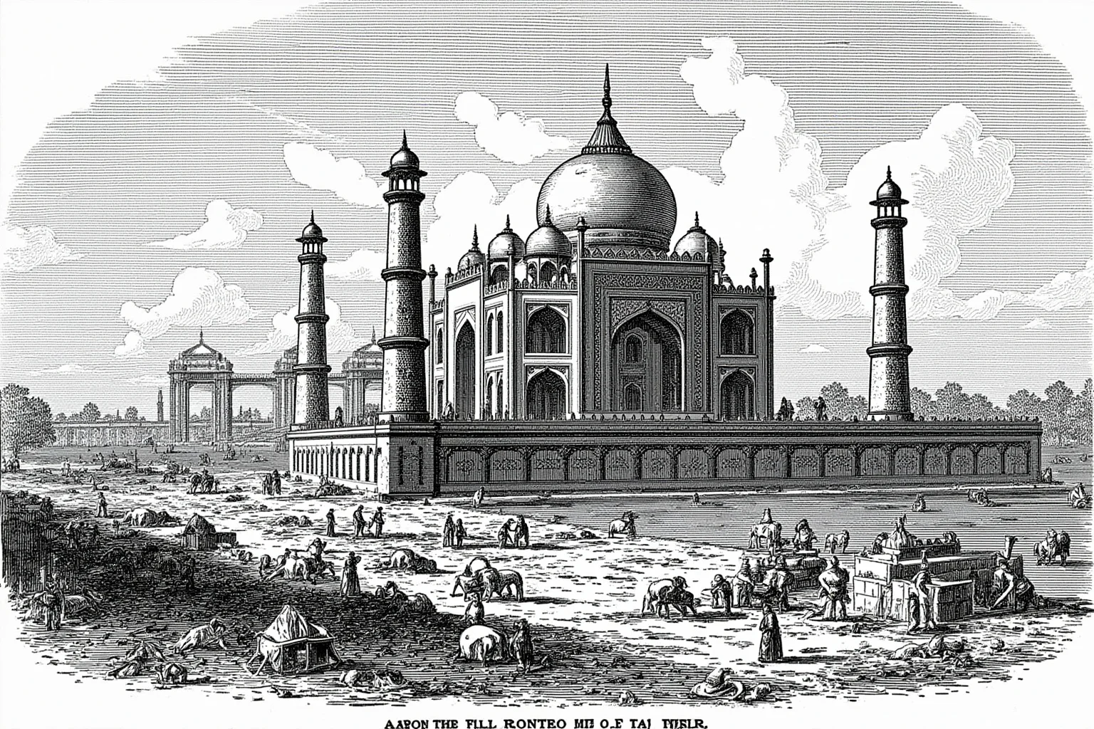Construction site of the Taj Mahal with workers and scaffolds, 17th century