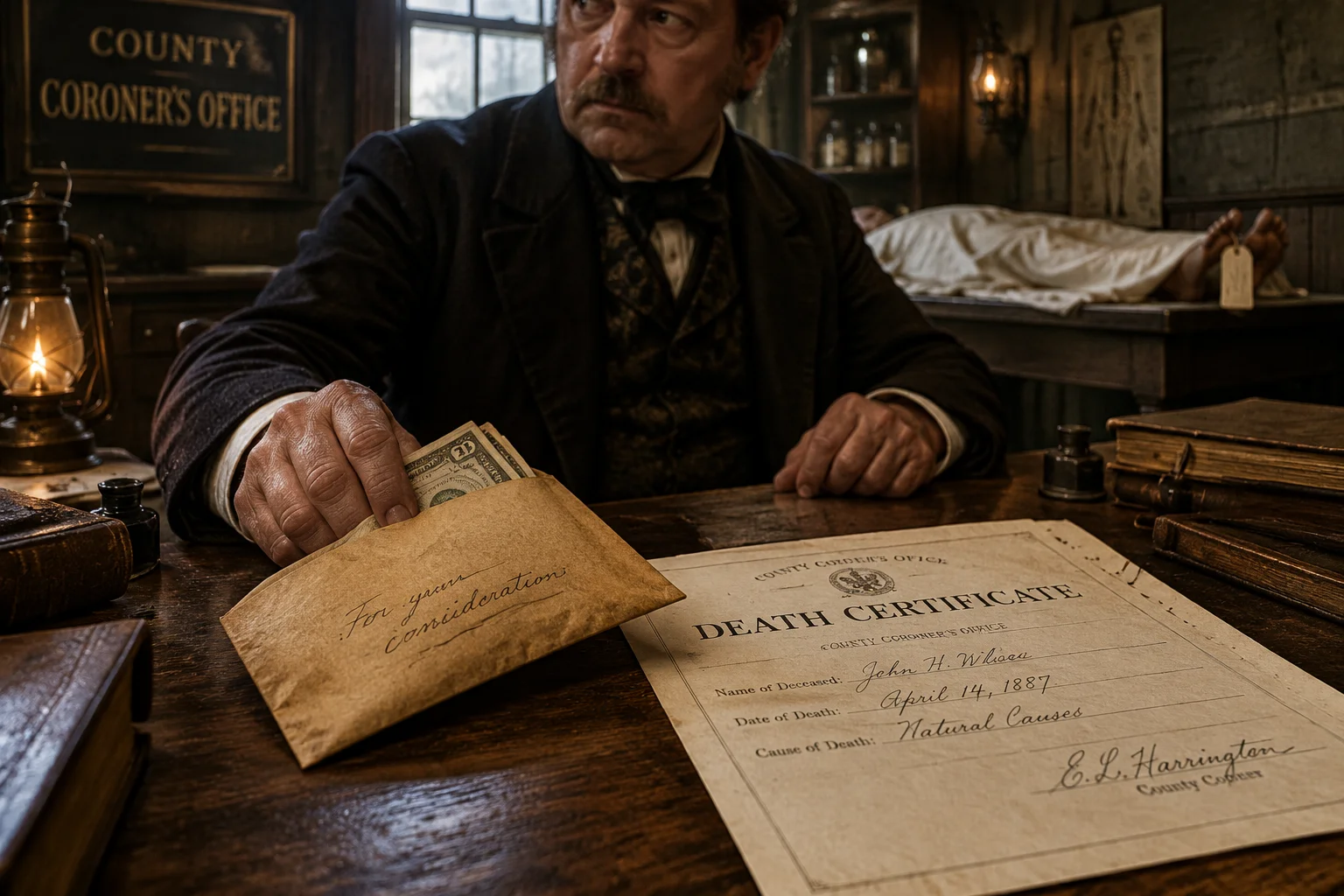 Corrupt coroner's office with a bribed envelope and a death certificate, 19th-century historical detail