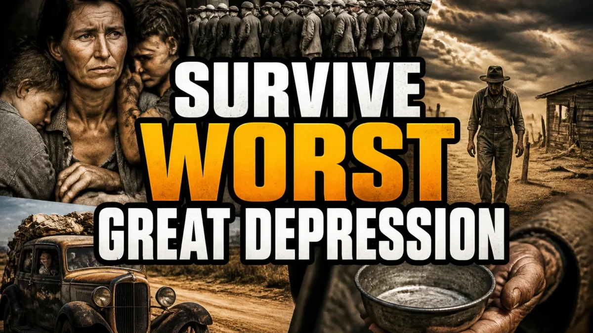 A bold, high-impact blog featured image in the style of a professional YouTube thumbnail or documentary poster. Create a dramatic photo-collage montage of 3-5 distinct historical scenes, subjects, or artifacts directly relevant to "Could You Survive the Worst Parts of the Great Depression? 20 Harsh Realities" — vivid, cinematic documentary-photography style, rich color grading, high contrast, dynamic diagonal composition blending the scenes together. Overlay a large, bold, stacked headline of text on top reading exactly: "SURVIVE WORST GREAT DEPRESSION". Render the headline in a heavy, condensed, high-contrast font with a black outline/stroke for legibility, mixing white text with a single vibrant accent color (gold, red, or orange) on the most important word or phrase for emphasis, spelled correctly. The headline text must be the dominant visual element — large, bold, and easy to read even at small thumbnail size. Vibrant, punchy, professional commercial photography and graphic-design composition. 16:9 landscape. Keep the headline text within the vertical center safe zone, away from the very top and bottom edges of the frame, since the image may be cropped afterward. No watermarks, no logos, no extra captions or invented text beyond the headline itself.