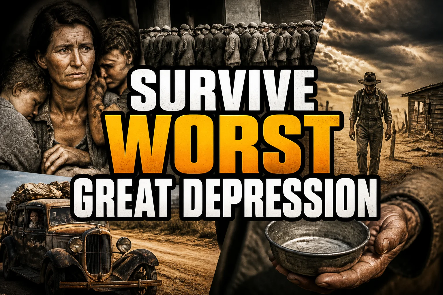 A bold, high-impact blog featured image in the style of a professional YouTube thumbnail or documentary poster. Create a dramatic photo-collage montage of 3-5 distinct historical scenes, subjects, or artifacts directly relevant to "Could You Survive the Worst Parts of the Great Depression? 20 Harsh Realities" — vivid, cinematic documentary-photography style, rich color grading, high contrast, dynamic diagonal composition blending the scenes together. Overlay a large, bold, stacked headline of text on top reading exactly: "SURVIVE WORST GREAT DEPRESSION". Render the headline in a heavy, condensed, high-contrast font with a black outline/stroke for legibility, mixing white text with a single vibrant accent color (gold, red, or orange) on the most important word or phrase for emphasis, spelled correctly. The headline text must be the dominant visual element — large, bold, and easy to read even at small thumbnail size. Vibrant, punchy, professional commercial photography and graphic-design composition. 16:9 landscape. Keep the headline text within the vertical center safe zone, away from the very top and bottom edges of the frame, since the image may be cropped afterward. No watermarks, no logos, no extra captions or invented text beyond the headline itself.