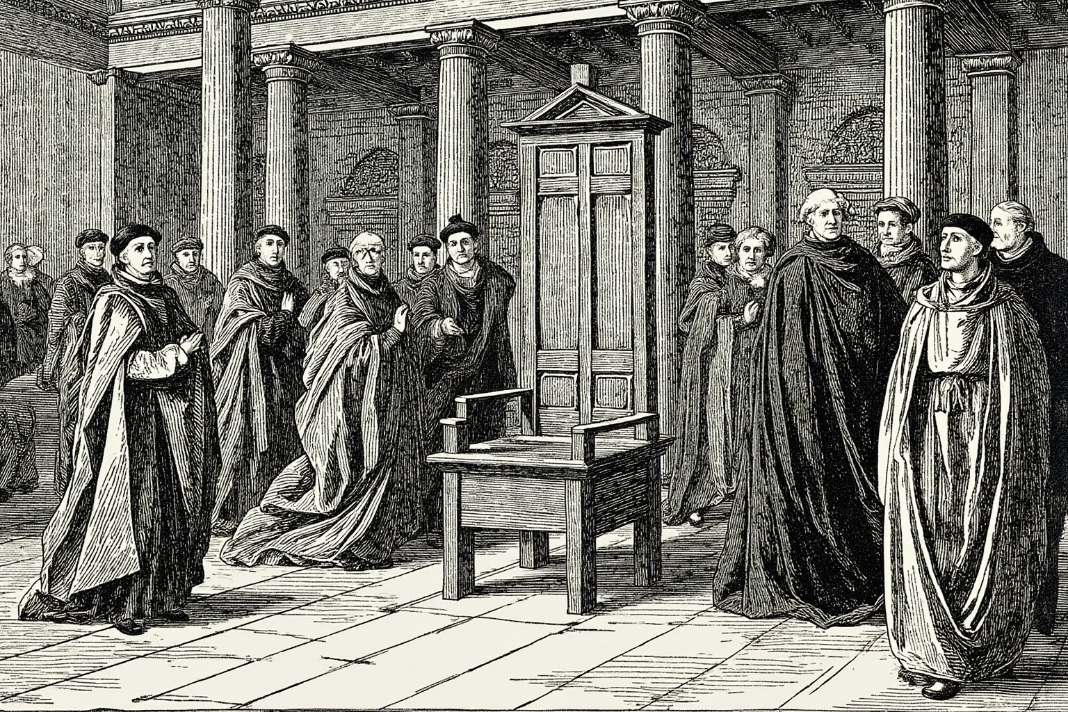 20 Facts About Anne Boleyn: Myths, History and Real Life 9 Courtroom scene at Blackfriars in 1529 with churchmen in robes and an empty royal chair, historical illustration style