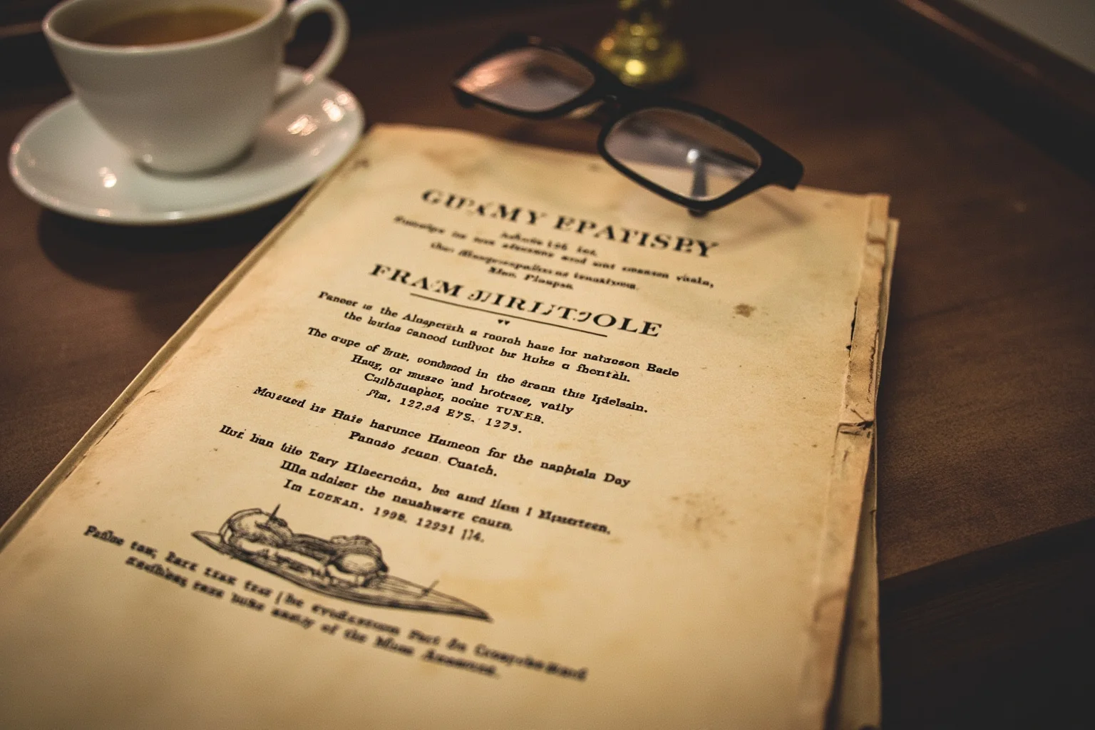 Charles Farrar Browne: America's First Stand-Up Comedian 8 Cover-style illustration of a 19th-century humor book resting on a desk beside spectacles and a cup of tea, aged paper texture, warm muted palette, no readable text