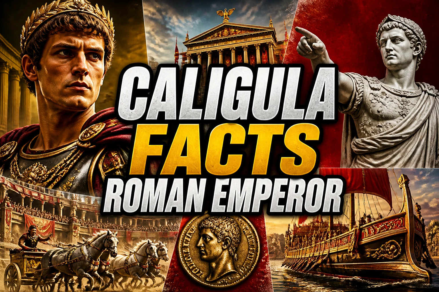 A bold, high-impact blog featured image in the style of a professional YouTube thumbnail or documentary poster. Create a dramatic photo-collage montage of 3-5 distinct historical scenes, subjects, or artifacts directly relevant to "Crazy Control: 20 Facts About Caligula You've Never Heard" — vivid, cinematic documentary-photography style, rich color grading, high contrast, dynamic diagonal composition blending the scenes together. Overlay a large, bold, stacked headline of text on top reading exactly: "CALIGULA FACTS ROMAN EMPEROR". Render the headline in a heavy, condensed, high-contrast font with a black outline/stroke for legibility, mixing white text with a single vibrant accent color (gold, red, or orange) on the most important word or phrase for emphasis, spelled correctly. The headline text must be the dominant visual element — large, bold, and easy to read even at small thumbnail size. Vibrant, punchy, professional commercial photography and graphic-design composition. 16:9 landscape. Keep the headline text within the vertical center safe zone, away from the very top and bottom edges of the frame, since the image may be cropped afterward. No watermarks, no logos, no extra captions or invented text beyond the headline itself.