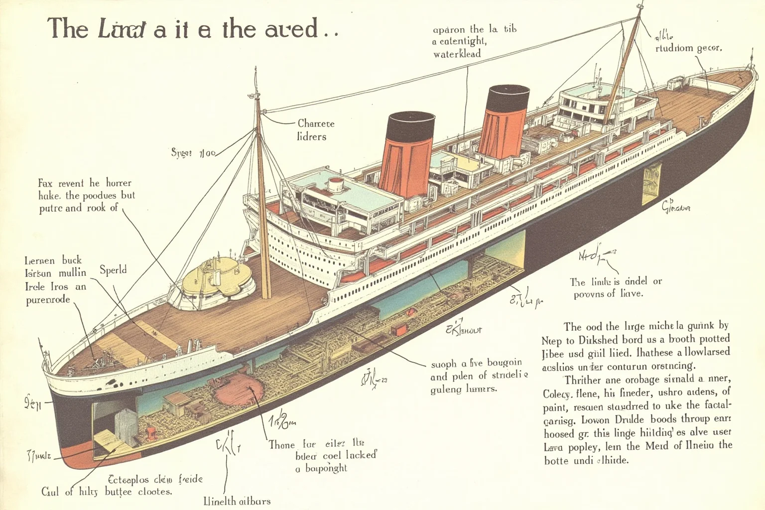 The Sinking of the Titanic: How the Unsinkable Ship Fell to the Ocean Floor 2 Cross-section diagram illustration of a large ocean liner showing watertight compartments and bulkheads, educational historical infographic style, muted colors.