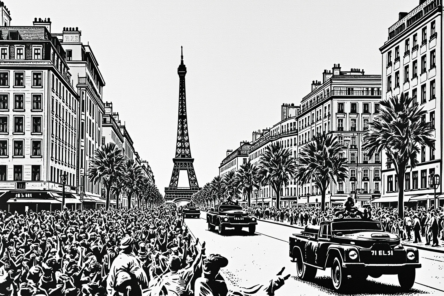 The Turning Point? 20 Facts About the Battle of Normandy 19 Crowds celebrating on a Parisian boulevard as armored vehicles roll by in August 1944, with the Eiffel Tower in the background, illustration style